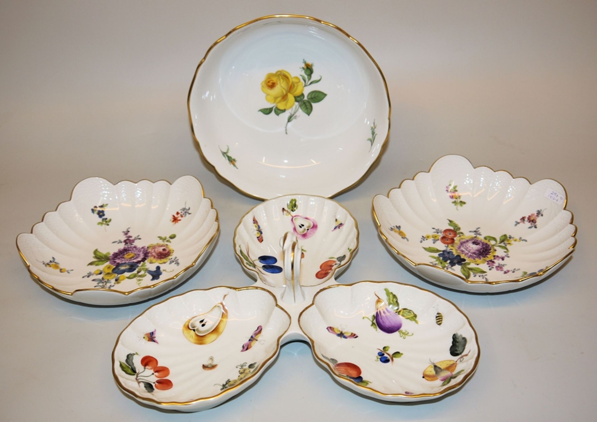 Three ornamental porcelain bowls with flowers, Meissen & triple bowl Market Garden, Herend