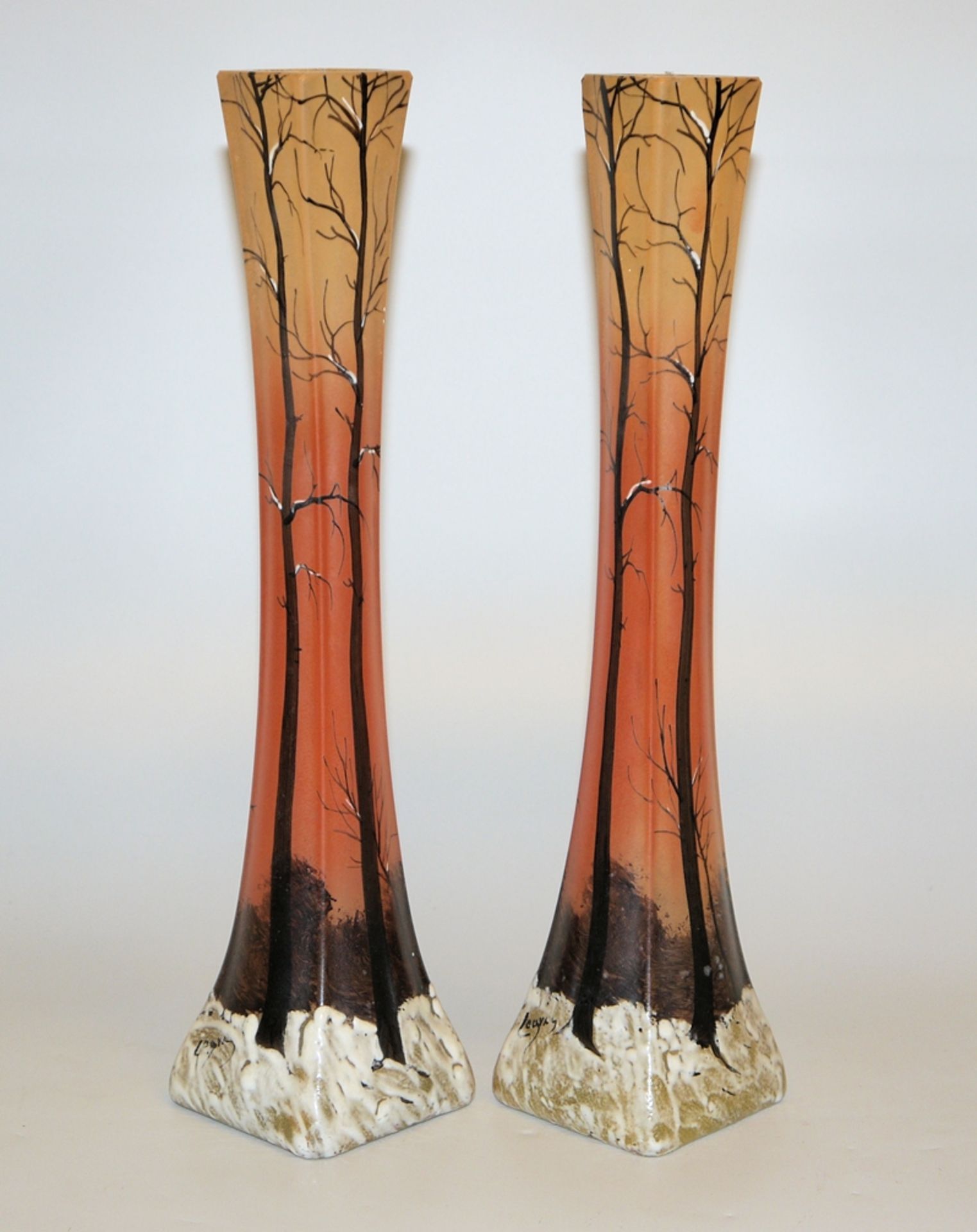 Pair of bar vases with winter landscapes by Legras, St. Denis circa 1910
