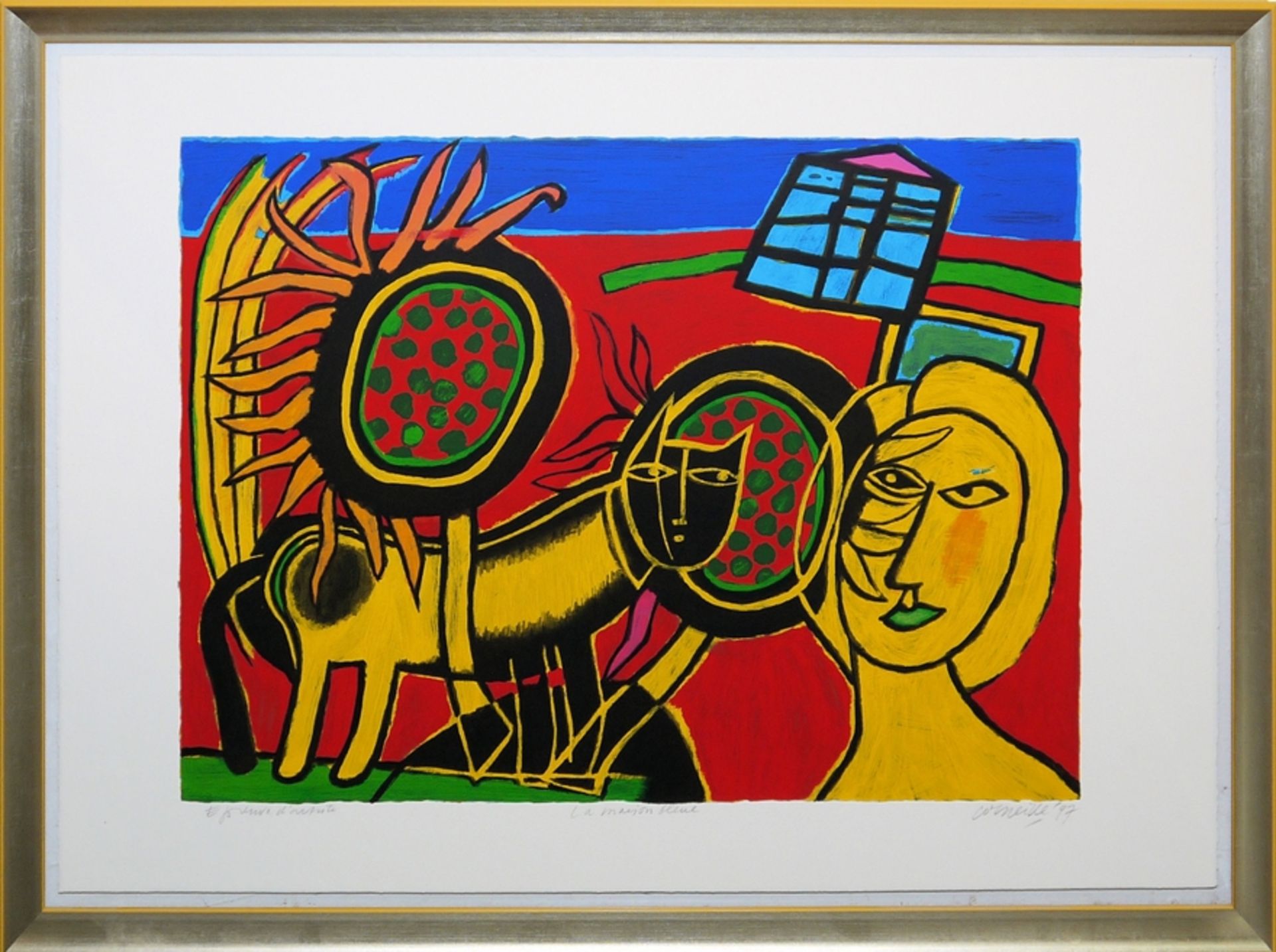 Corneille, "La maison bleue", signed colour serigraph from 1997, gallery-framed