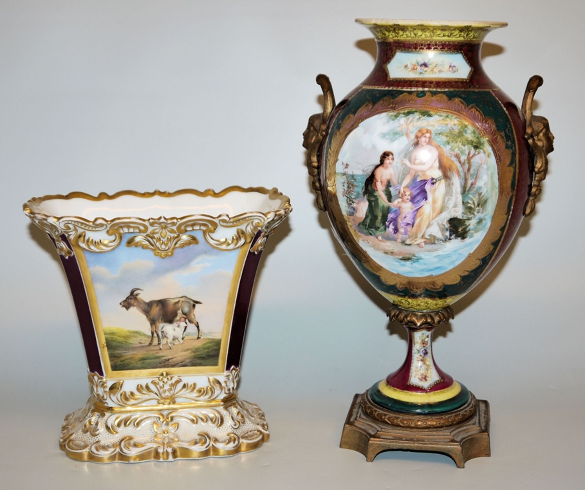 Porcelain vase with goats, signed Jacquet & Nedonchelle, Brussels, mid 19th c. & Amphora vase with