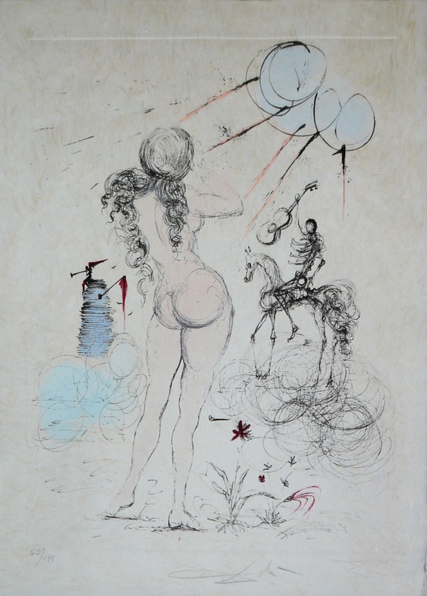 Salvador Dalí, 7 sheets from "Poèmes secrets d`Apollinaire", watercolour drypoint etchings on Japan - Image 4 of 8