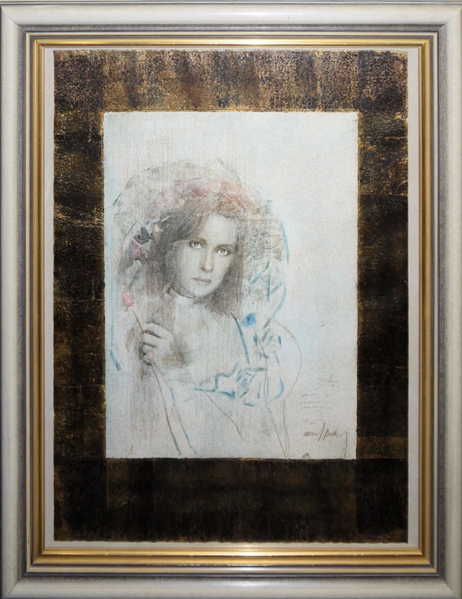 Mersad Berber, Young Woman, signed copperplate with rolled gold leaf border, gallery-framed, with c