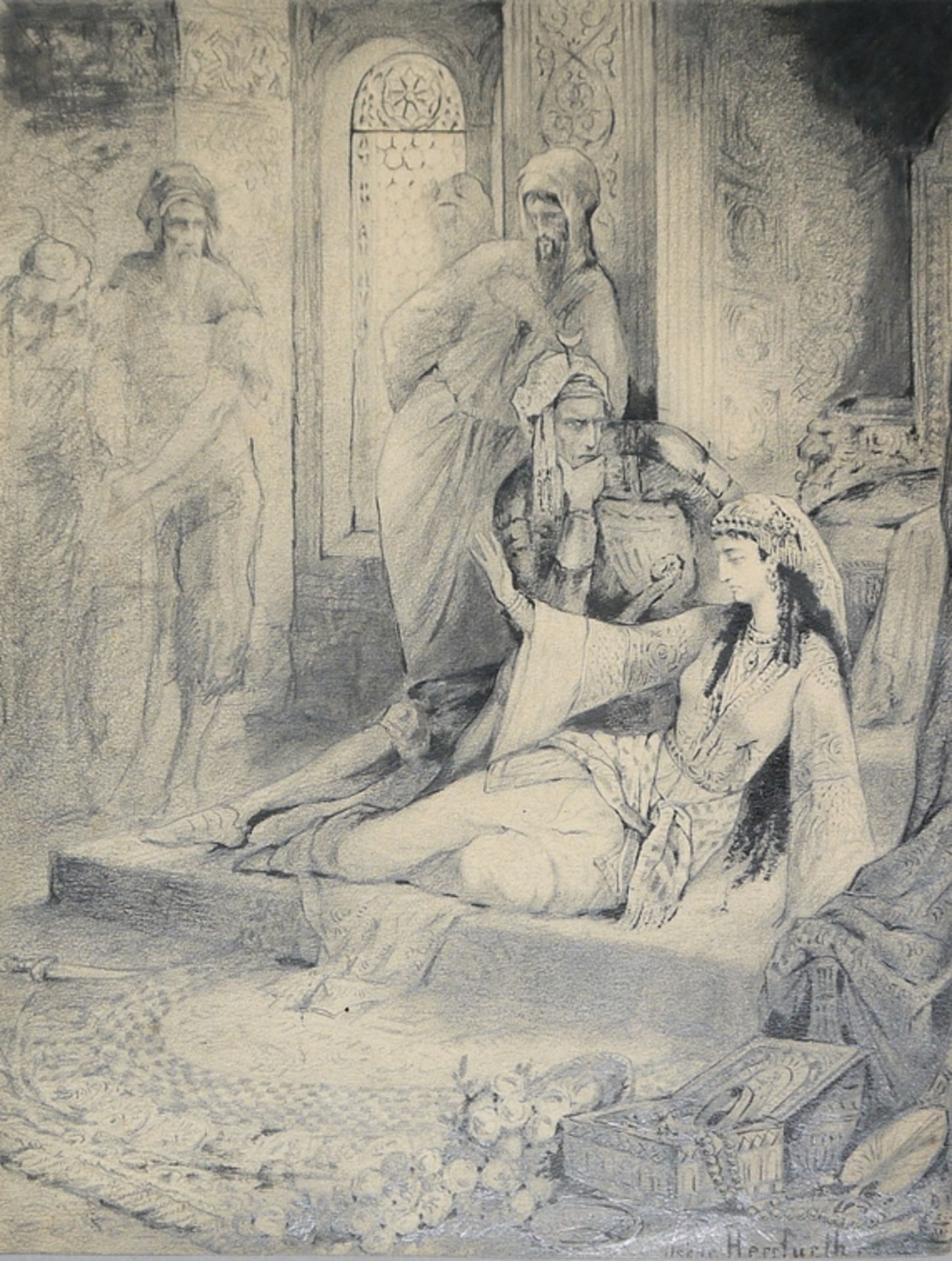 Oskar Herrfurth, Harem Scene, drawing c. 1900, signed