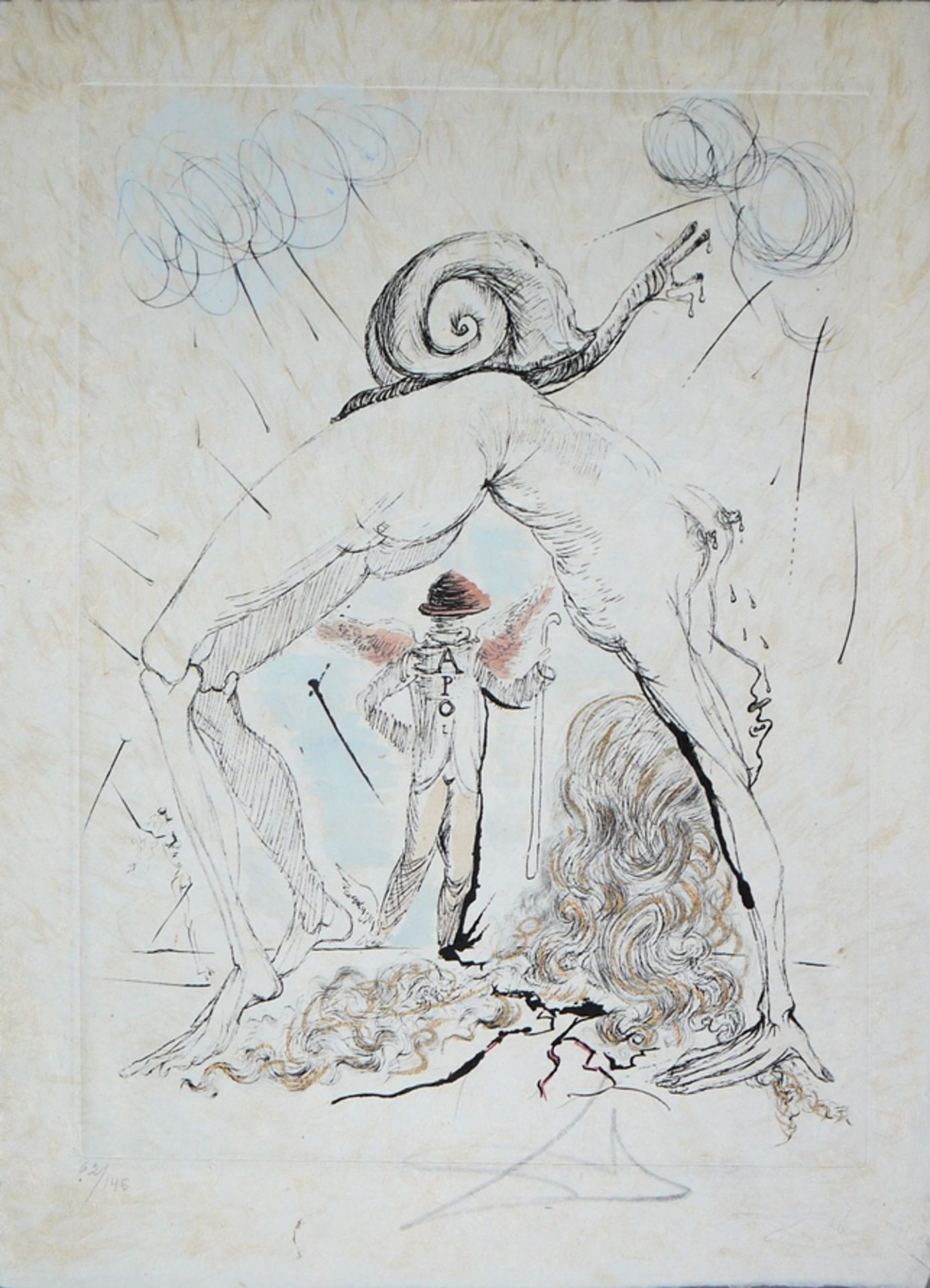 Salvador Dalí, 7 sheets from "Poèmes secrets d`Apollinaire", watercolour drypoint etchings on Japan - Image 3 of 8