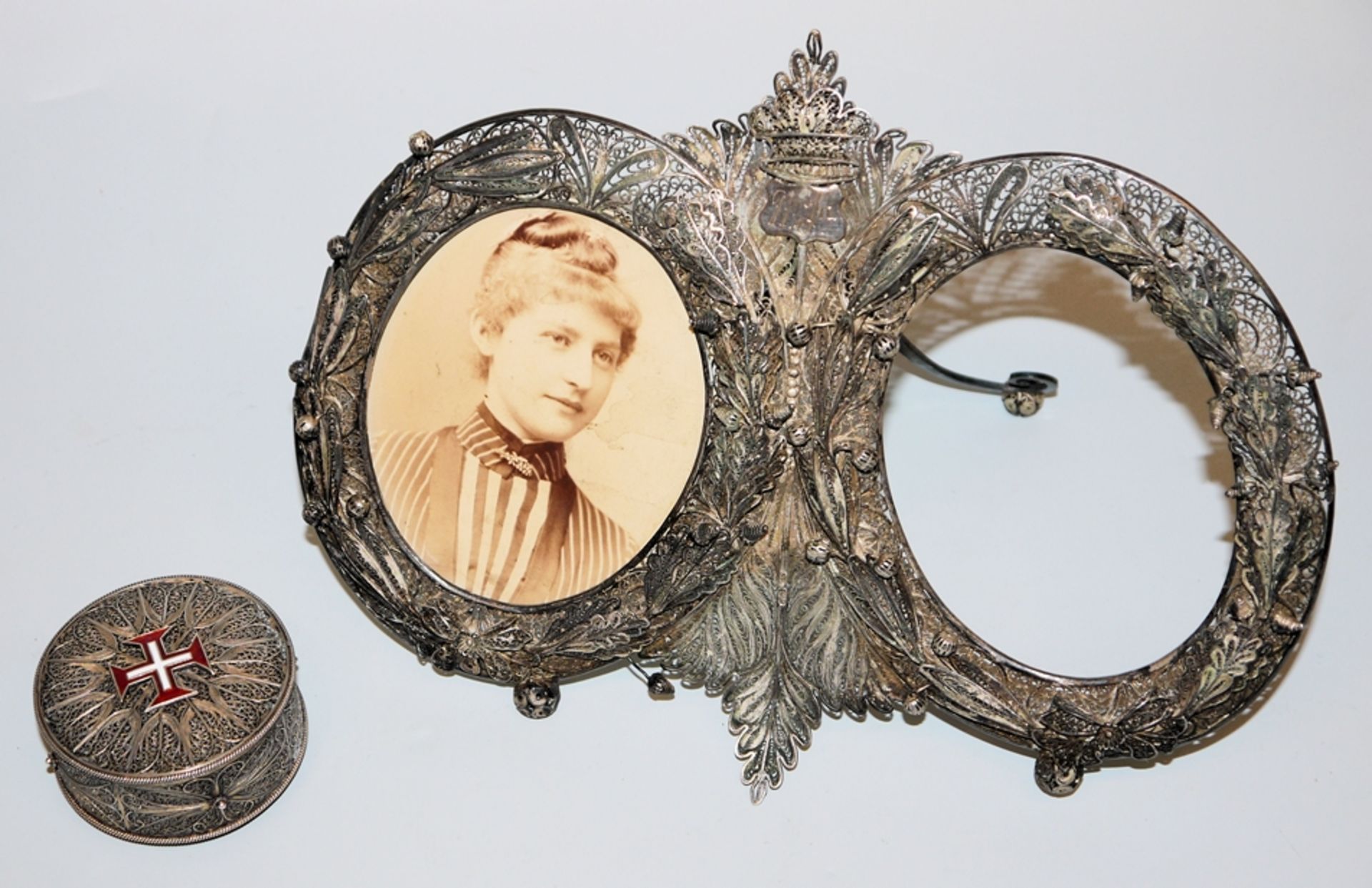 Double picture frame of filigree silver, probably Tbilisi, Georgia 1915 & box of filigree silver wi