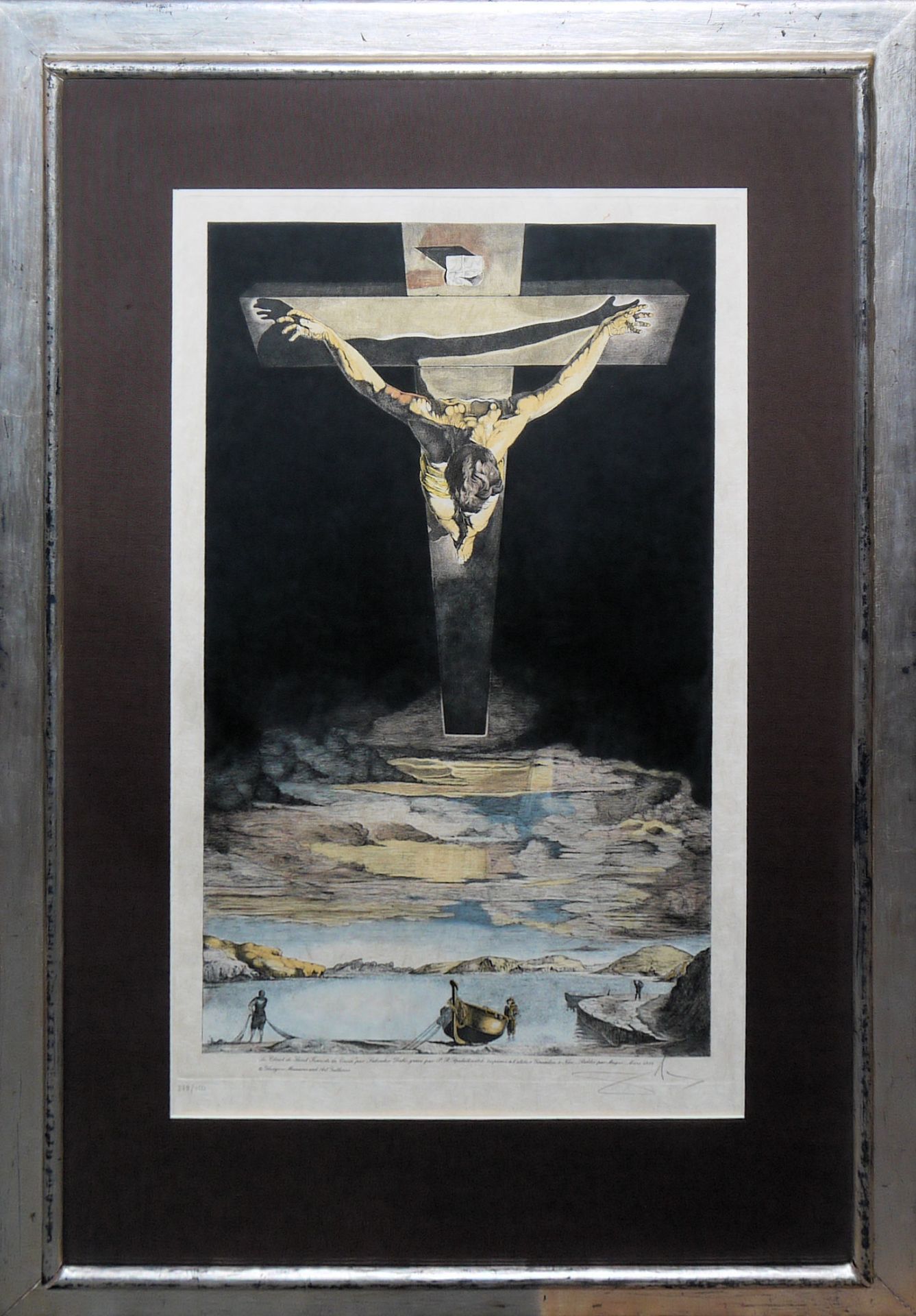 Salvador Dalí, "Christ of Saint John of the Cross", hand-coloured etching, signed, gallery-framed,