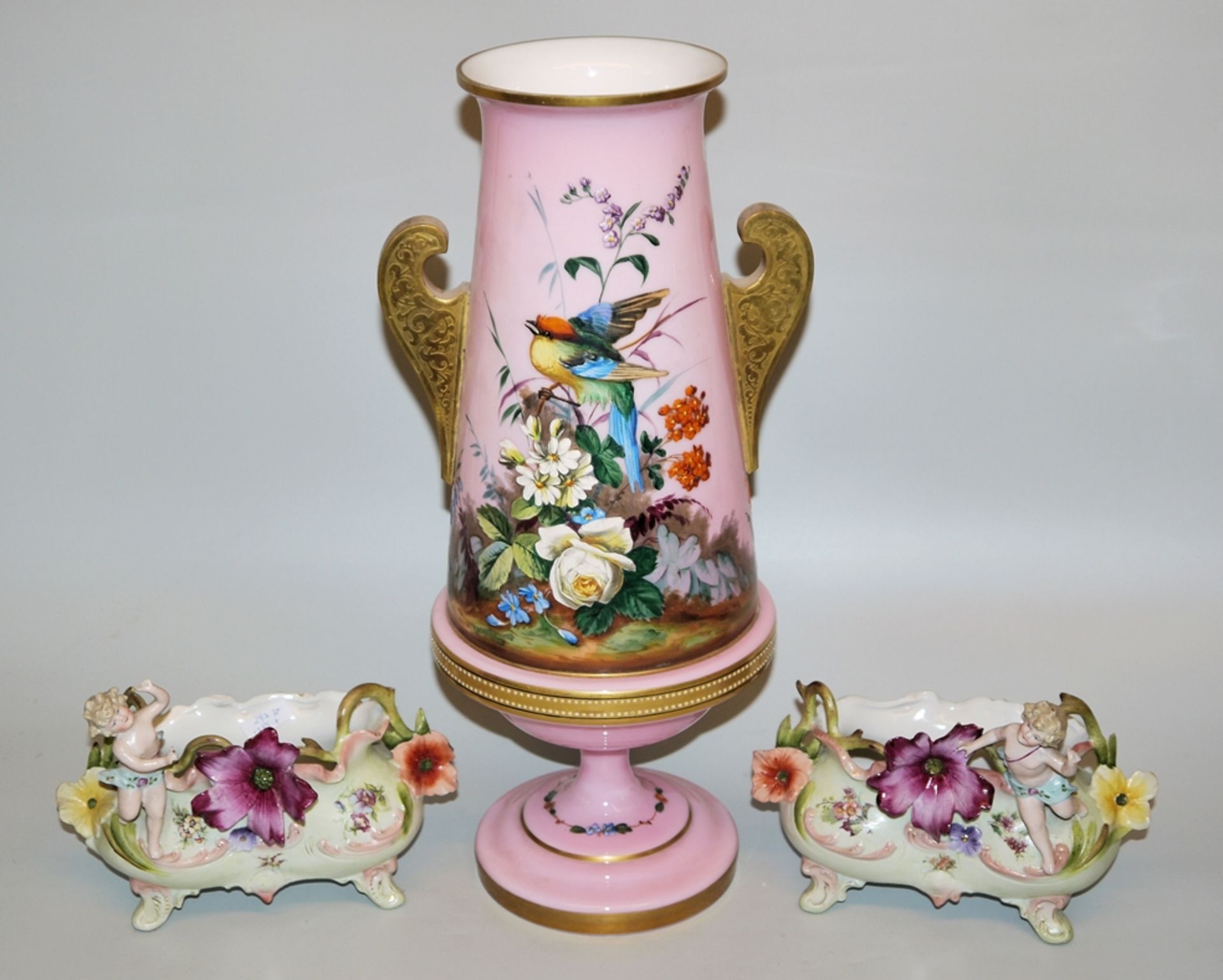 Pair of porcelain jardinières with putti & large milk glass vase with enamel painting, c. 1880/1900