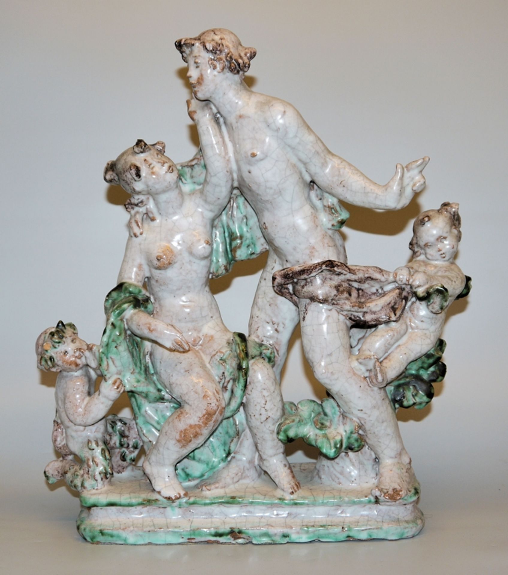 Large majolica group Dionysus and Ariadne with a small Pan and Cupid, probably workshop work KA-Maj