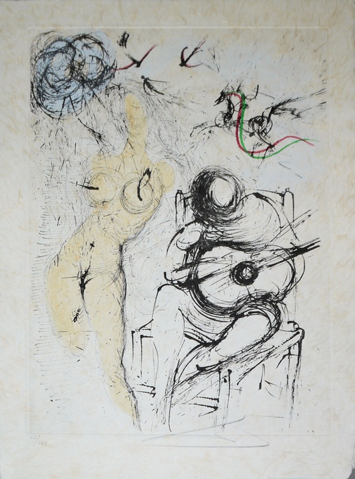 Salvador Dalí, 7 sheets from "Poèmes secrets d`Apollinaire", watercolour drypoint etchings on Japan - Image 6 of 8