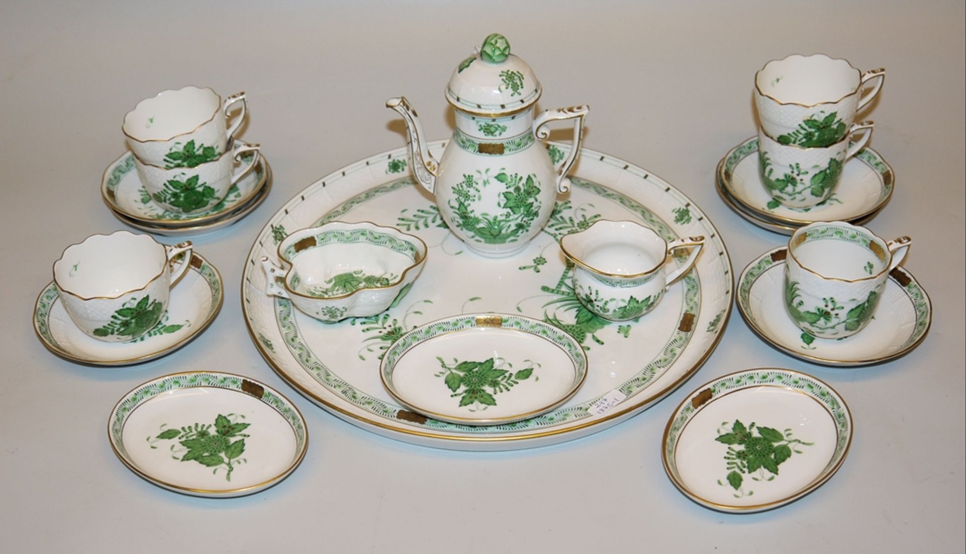 Porcelain mocha service Apponyi Green on tray with additional small bowls, Herend