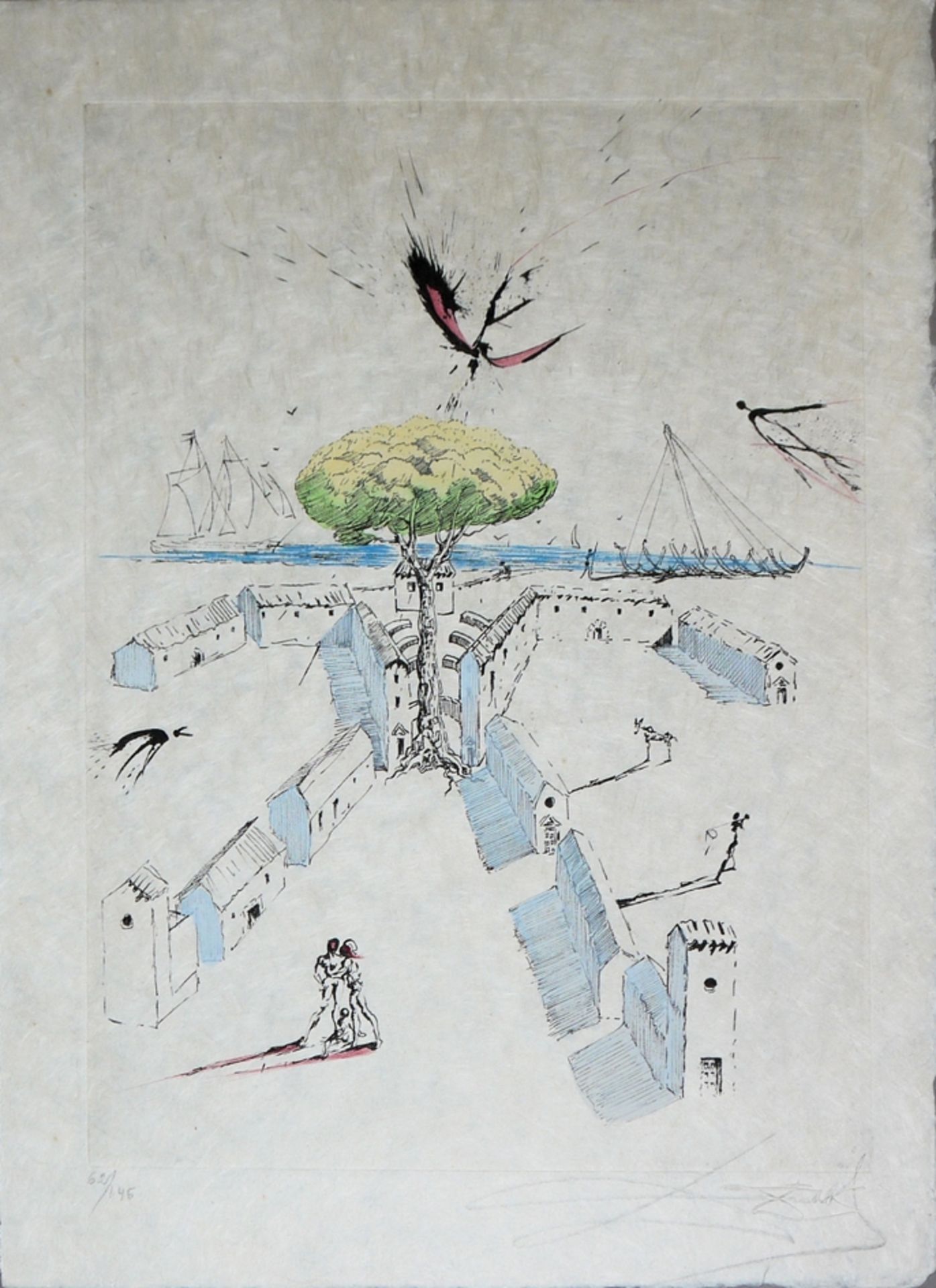 Salvador Dalí, 7 sheets from "Poèmes secrets d`Apollinaire", watercolour drypoint etchings on Japan - Image 2 of 8