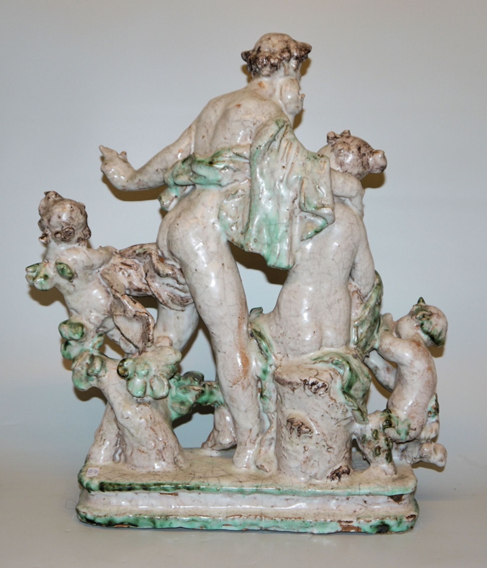 Large majolica group Dionysus and Ariadne with a small Pan and Cupid, probably workshop work KA-Maj - Image 2 of 3