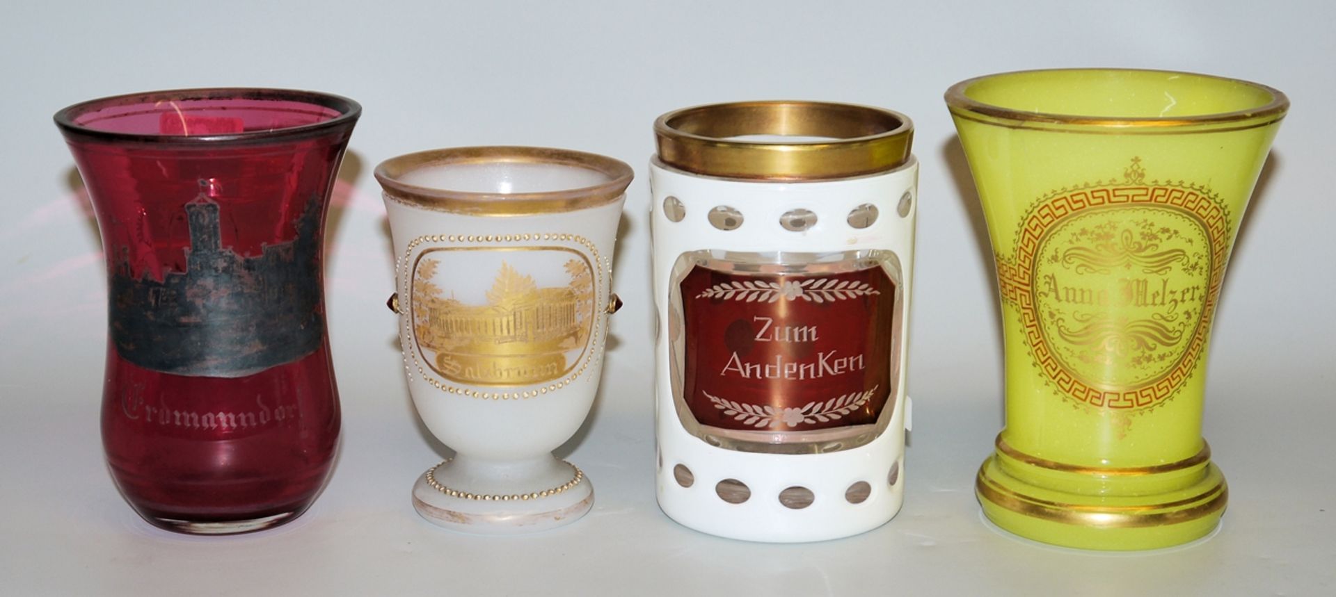 Four Biedermeier souvenir glasses, Bohemia circa 1840-50