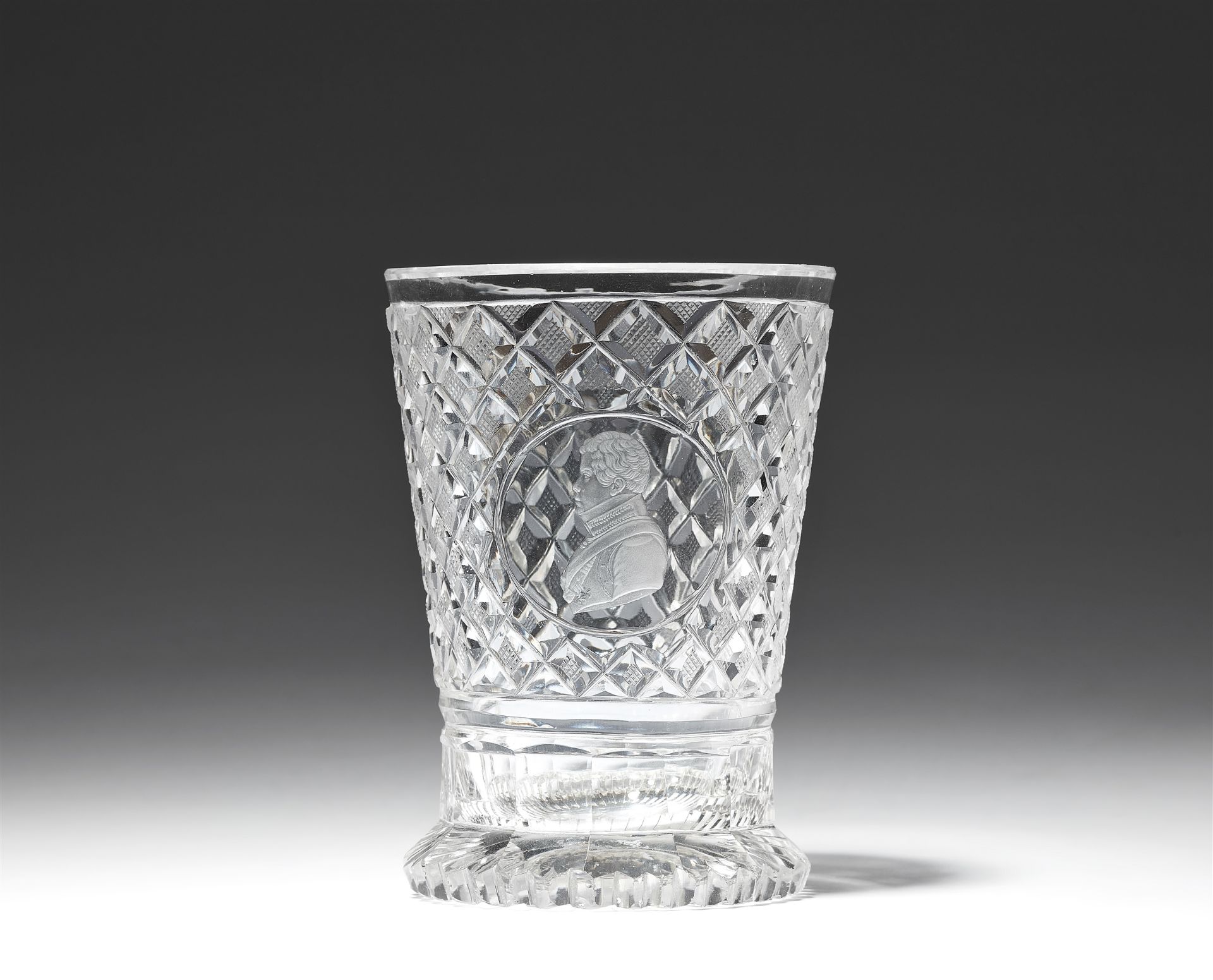 A cut glass beaker with a portrait of Prince Frederick Wilhelm Ludwig of Prussia