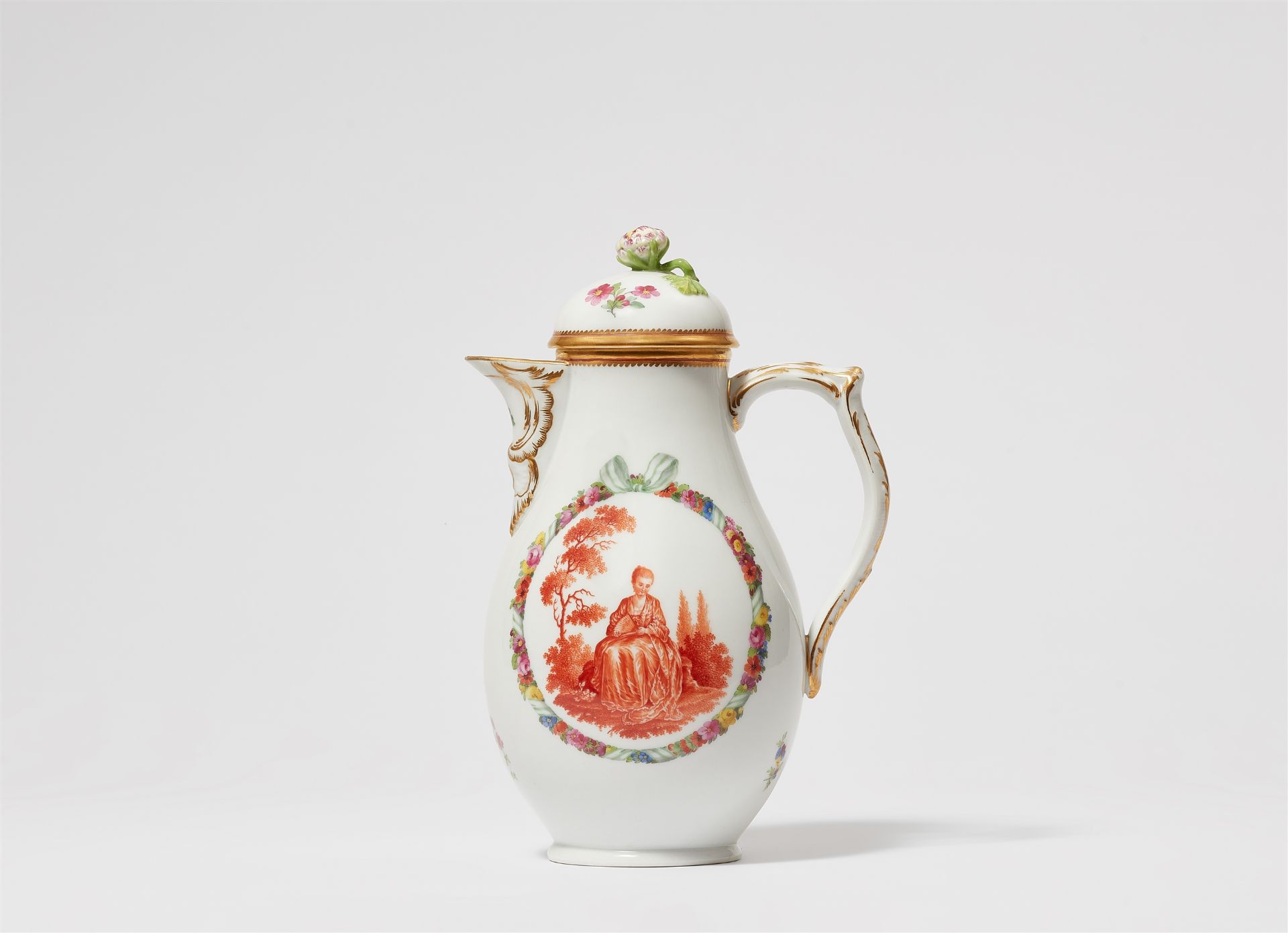 A Berlin KPM porcelain coffee pot with "ponceau" Watteau figures