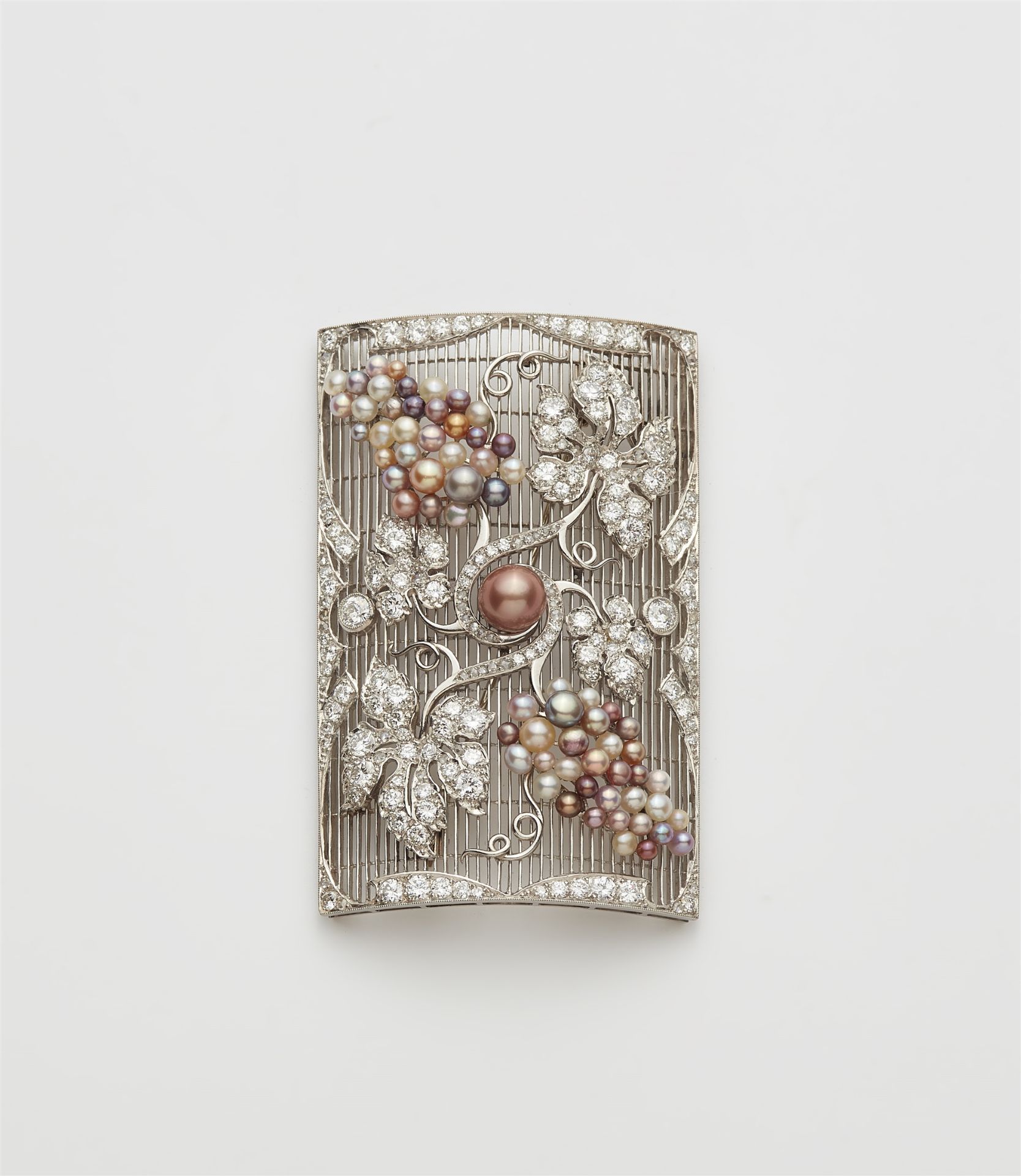 A platinum diamond and multicolour pearl brooch designed with vine leaves and grapes. With alteratio