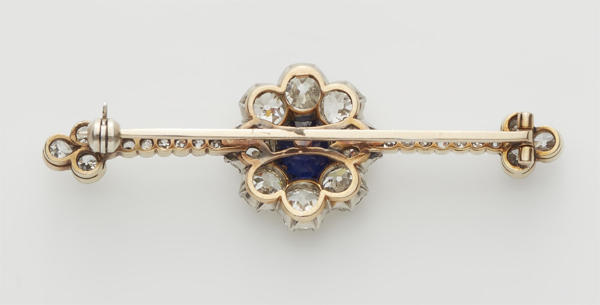A Belle Epoque 14k gold diamond and synthetic "Verneuil" sapphire bar brooch. - Image 2 of 2