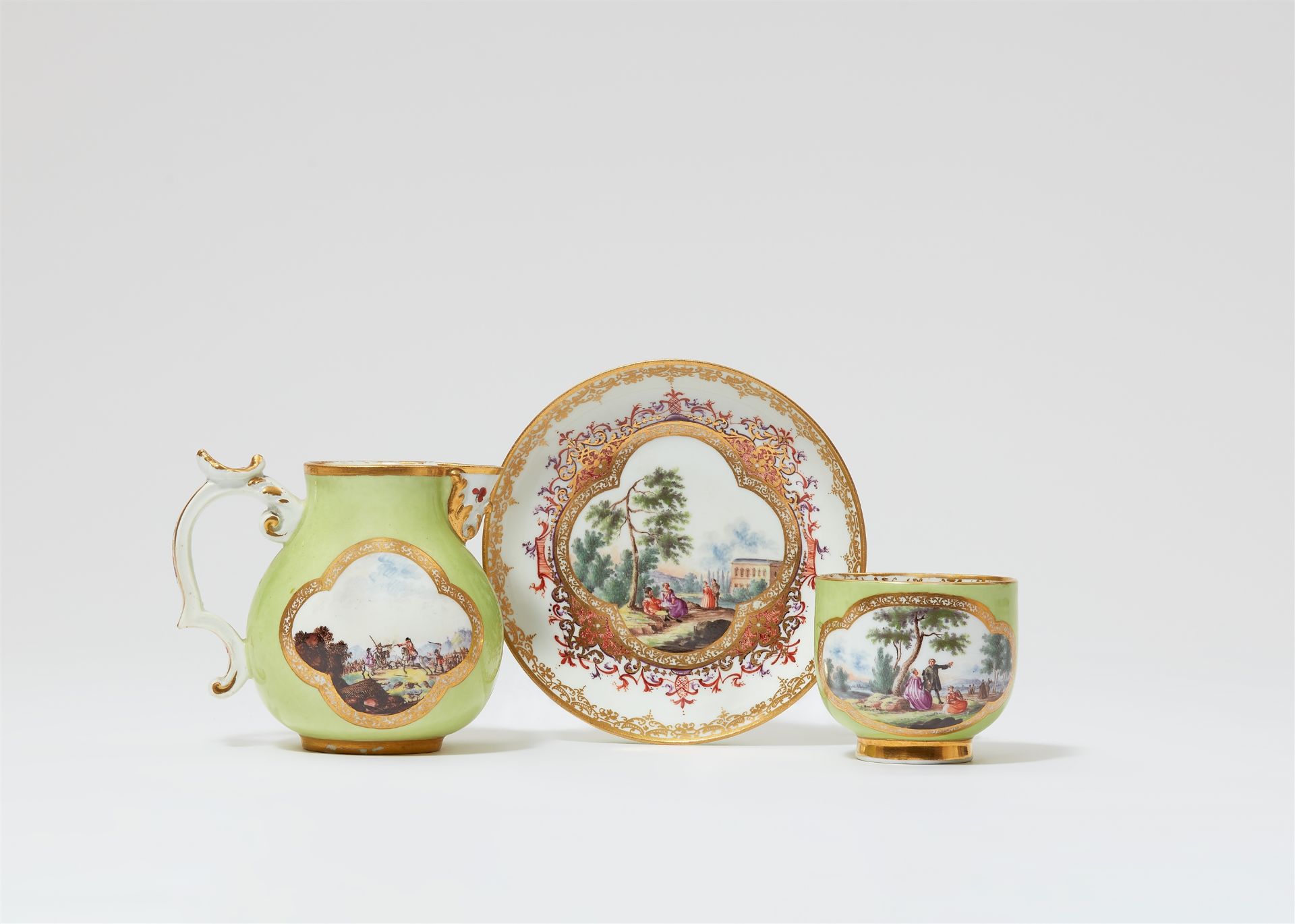 Three items from a Meissen porcelain service with apple green ground