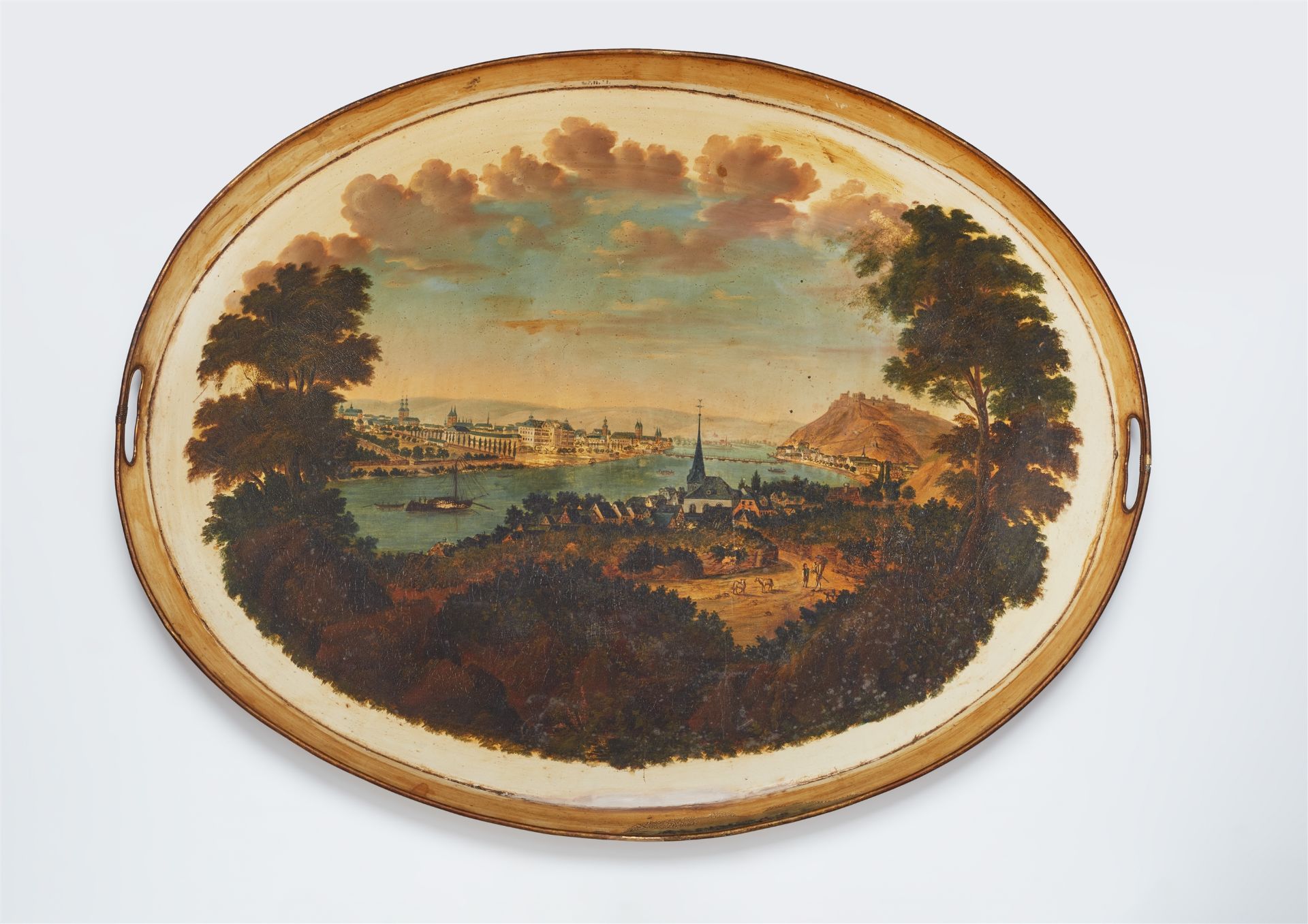 A large lacquered sheet iron tray with a view of Koblenz
