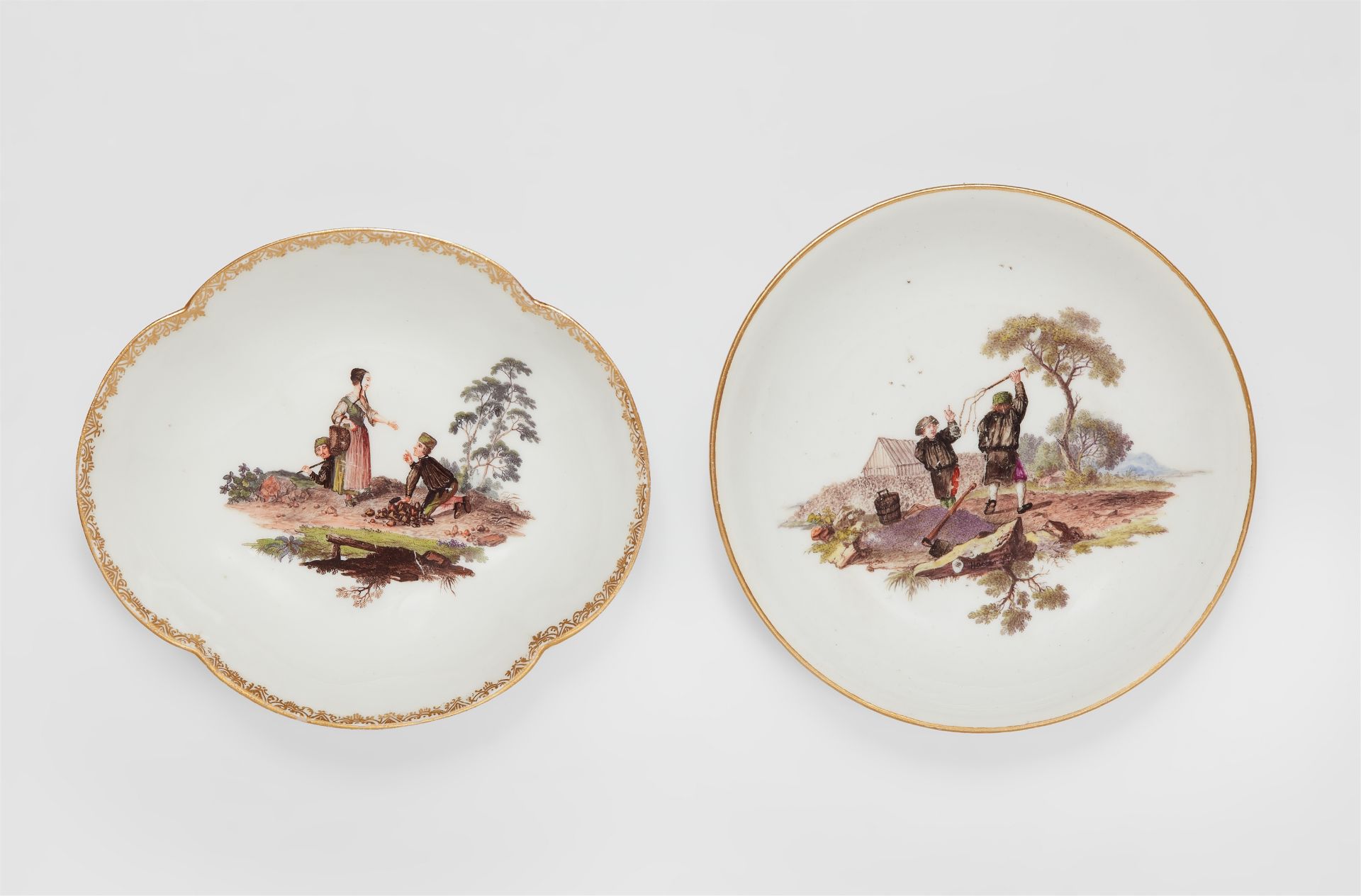 A Meissen porcelain dish and saucer with mining motifs