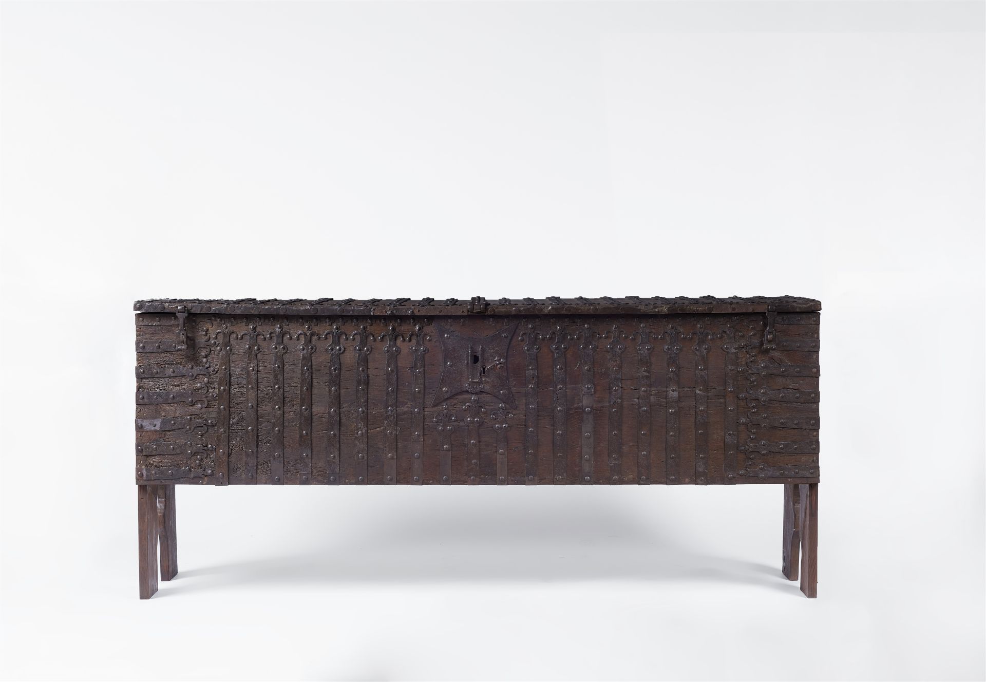 A large Gothic oak chest with iron mountings
