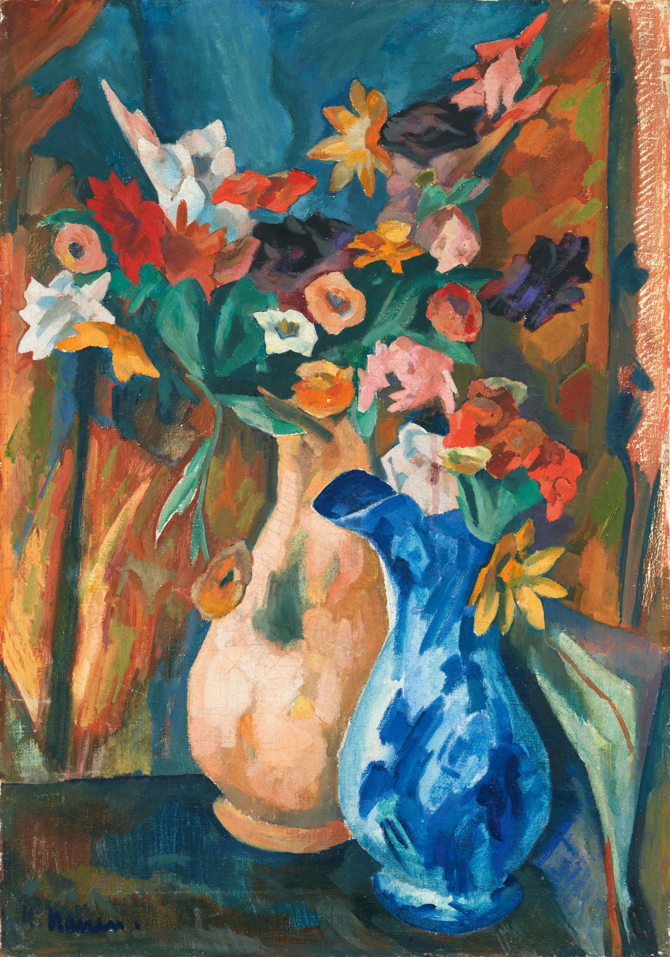 Heinrich Nauen, Gladiolen und Dahlien in zwei Vasen