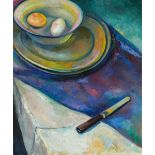 Anta Rupflin, Küchenstillleben mit Messer und zwei Eiern