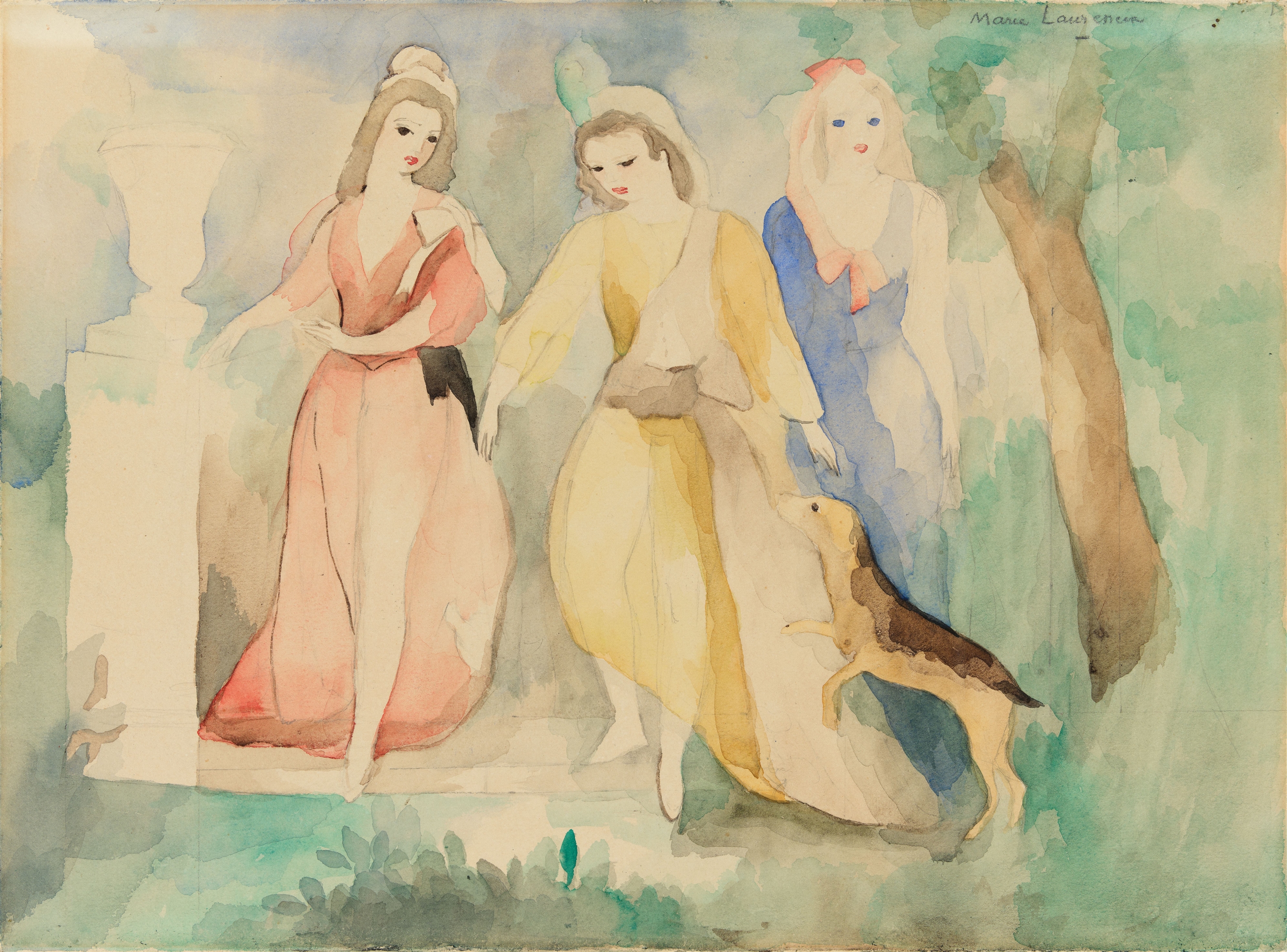 Marie Laurencin, Trois jeunes filles au chien, rose, bleu et vert