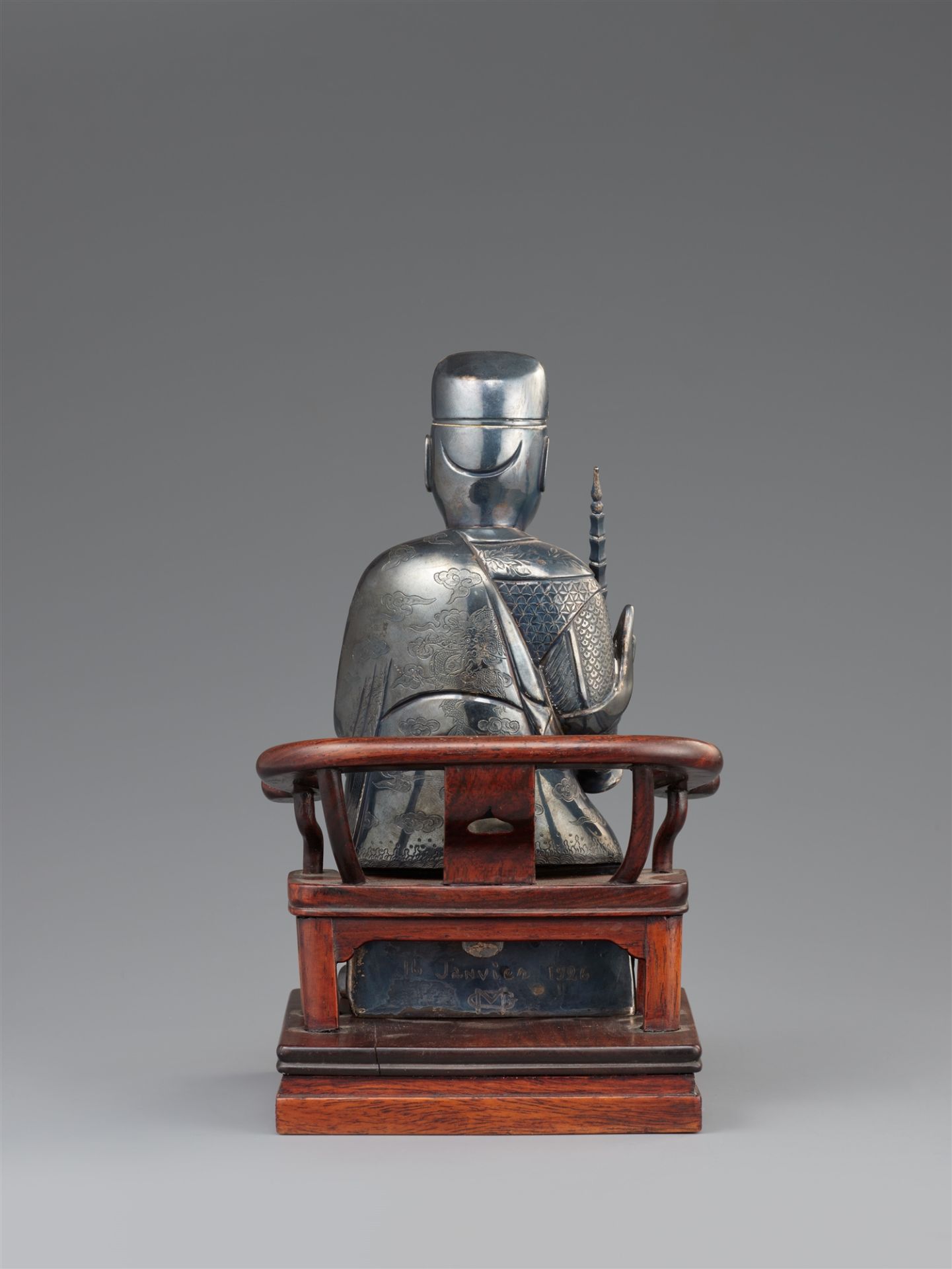 A hollow-cast silver figure of a dignitary on a wooden chair. Shanghai. Around 1900 - Image 2 of 2