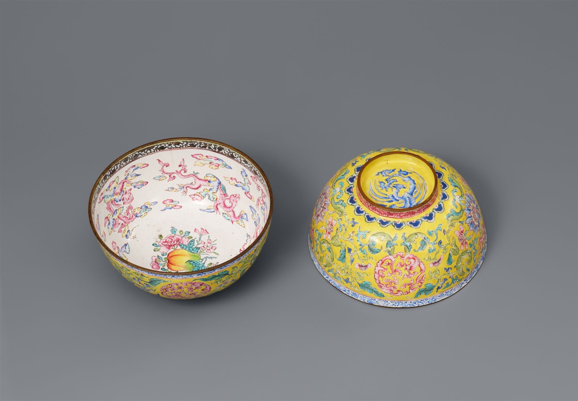 Two painted enamel on copper alloy bowls. Canton. 18th century