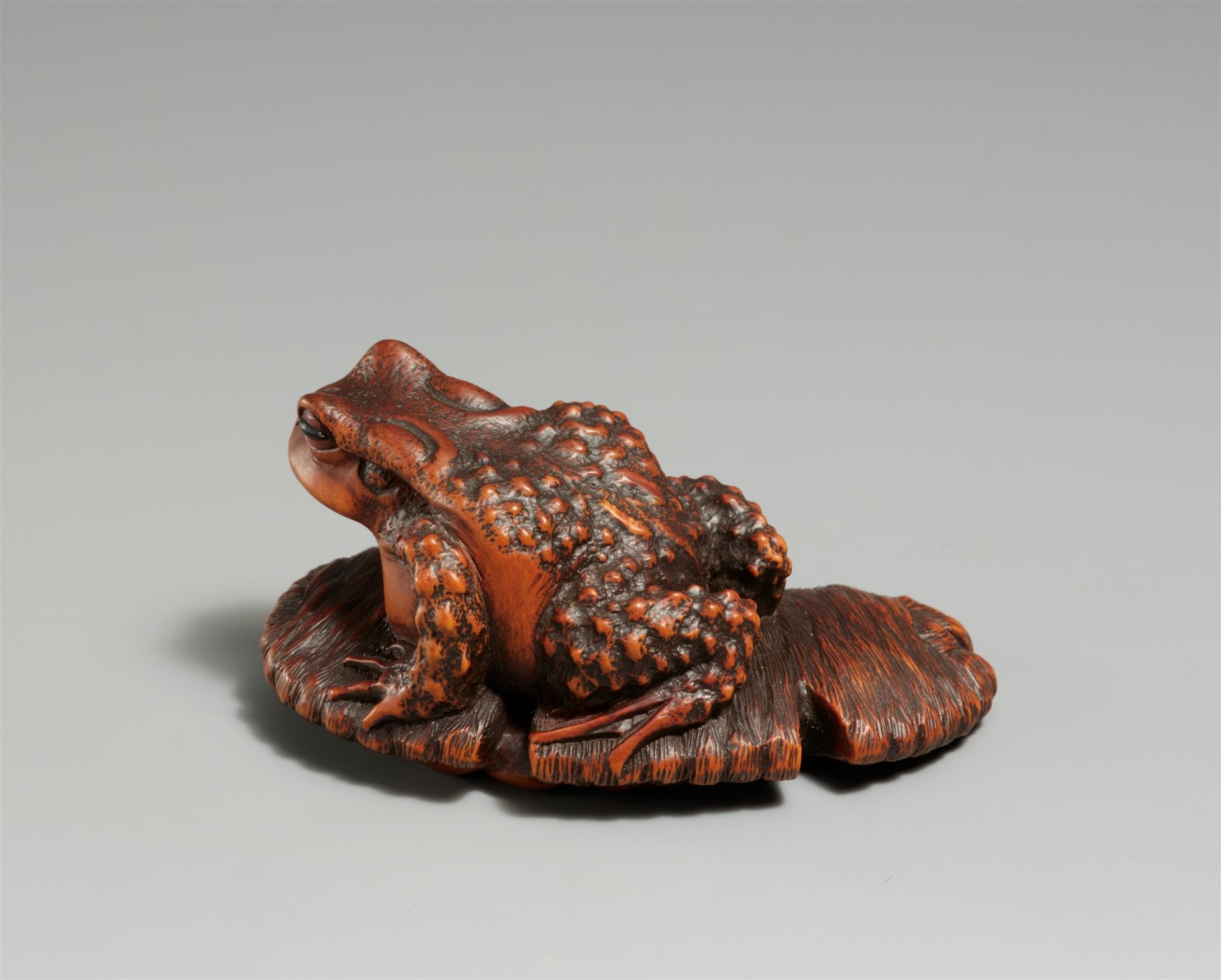 A large boxwood okimono-type netsuke of a toad on a straw sandal. Ise, late 19th century - Image 2 of 4