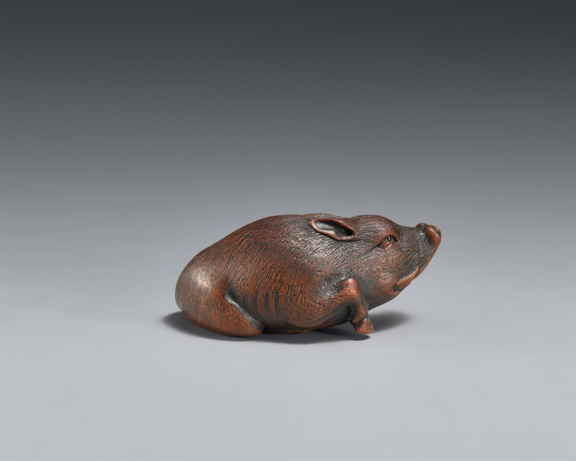 A small boxwood netsuke of a recumbent boar. Nagoya. Mid-19th century - Image 2 of 3