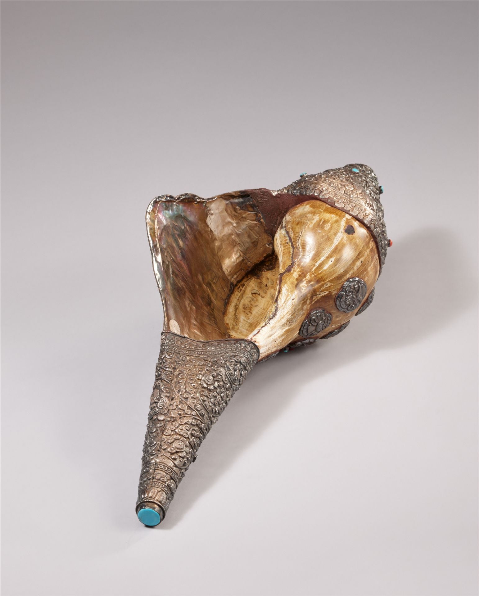 A Tibetan silver mounted conch trumpet (shanka) - Image 2 of 2