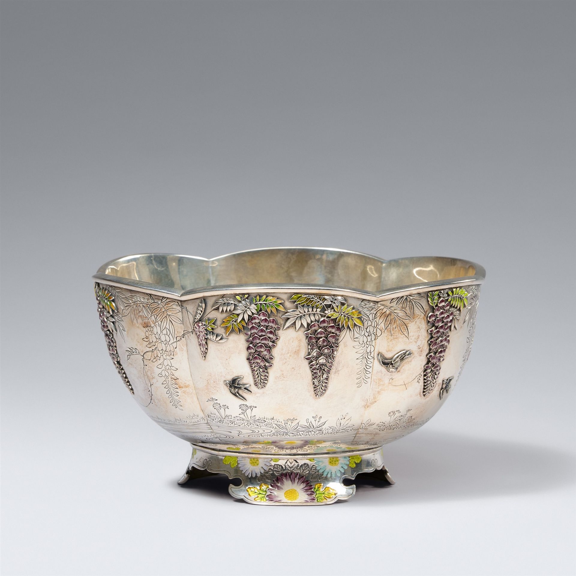 A double-walled silver bowl with translucent enamel. Around 1900