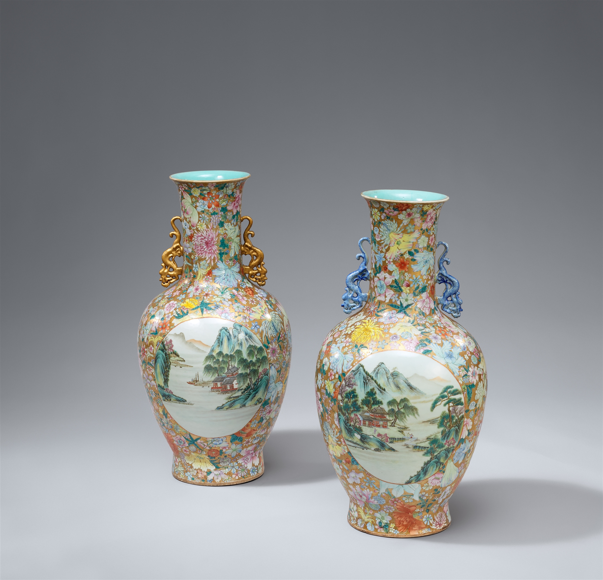 Two large mille-fleurs baluster vases. 20th century