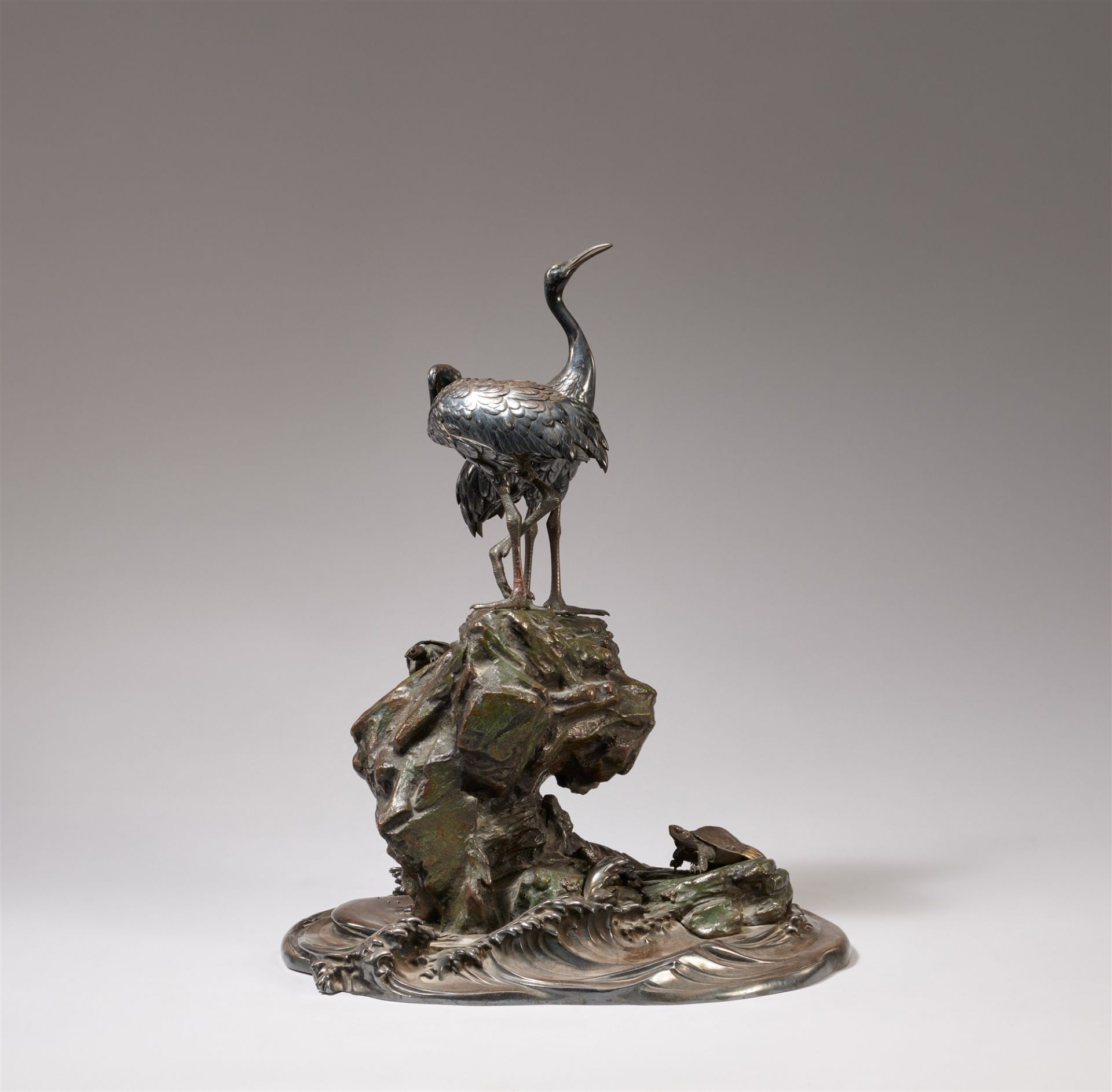 A bronze and silver okimono of a pair of cranes and two tortoises. Late 19th century - Image 2 of 2