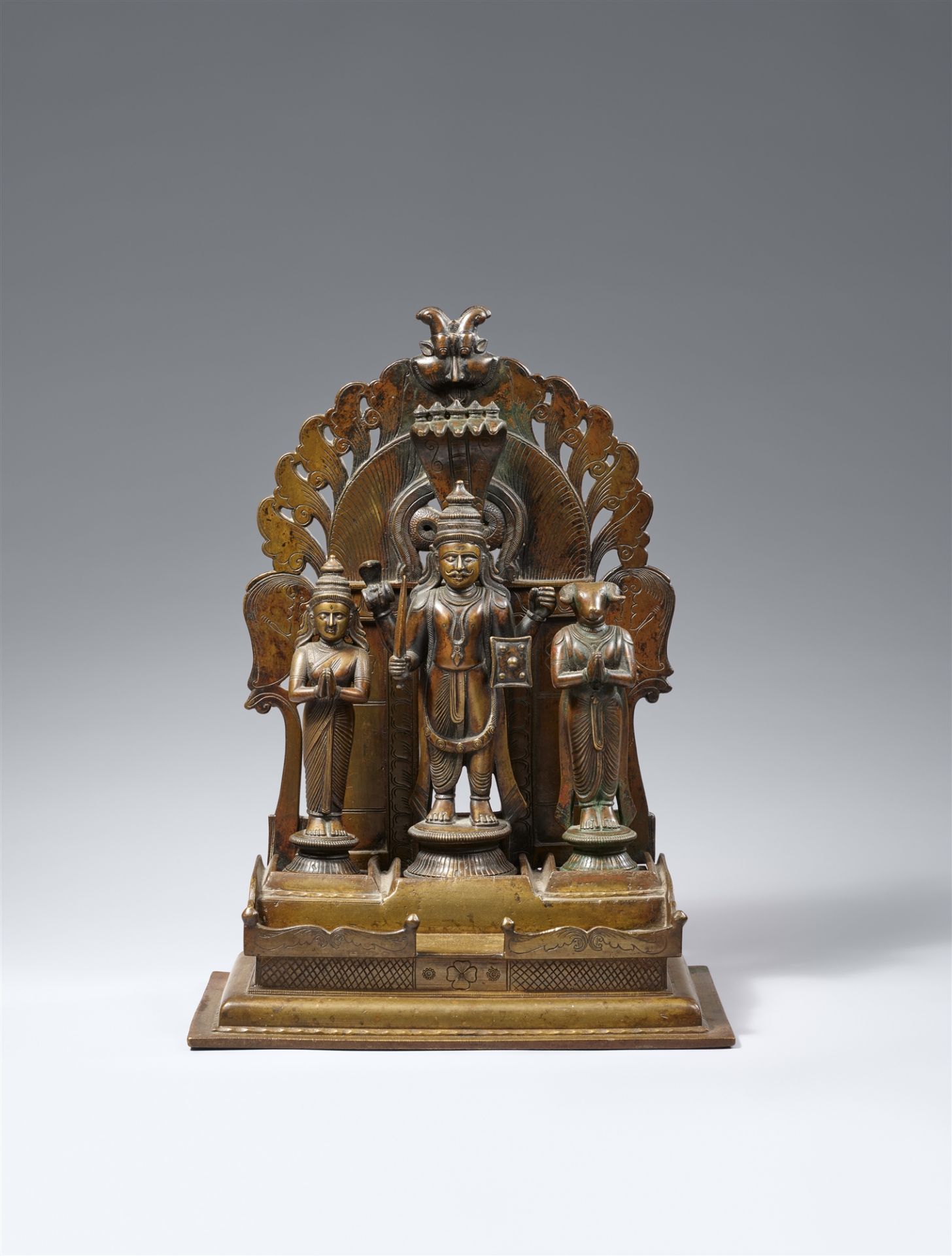A Central or South Indian copper alloy Virabhadra altar with Daksha and Sati. 19th century