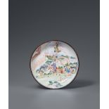 A painted enamel on copper alloy dish. Probably Canton. 18th century