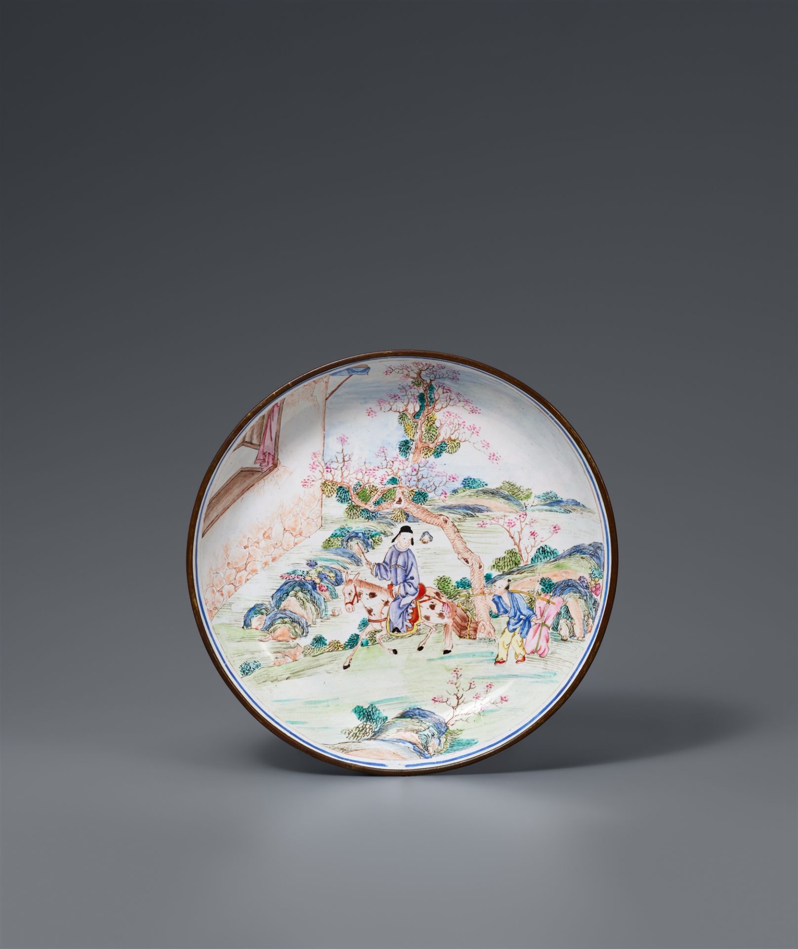 A painted enamel on copper alloy dish. Probably Canton. 18th century