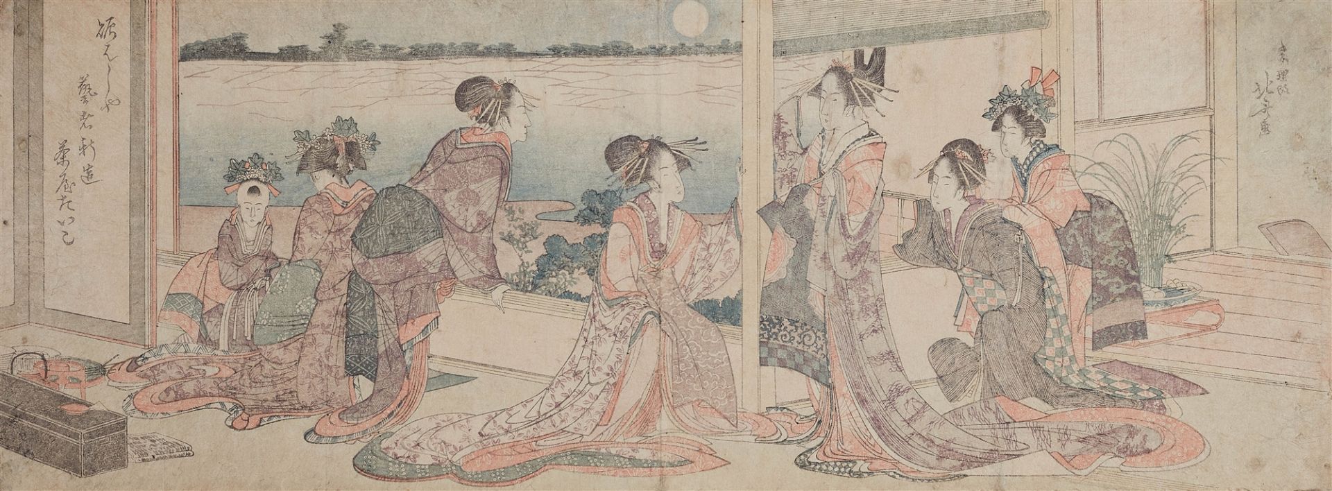 Katsushika Hokusai, Eine Gruppe von Kurtisanen, Geisha, shinzô und kamuro