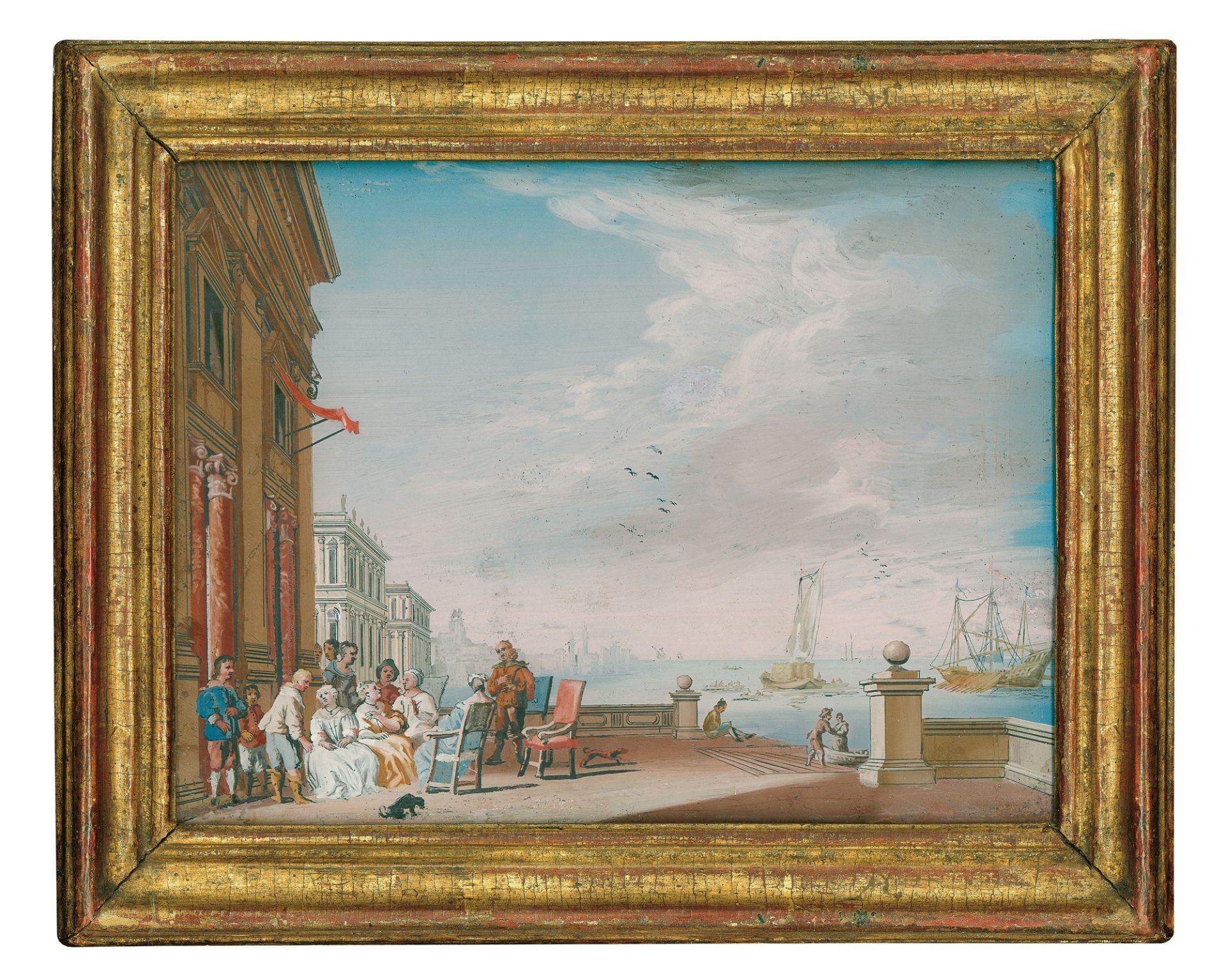Gesellschaft auf einer Terrasse am Meer in Neapel, Johann Wolfgang Baumgartner, Augsburg, um 1740.