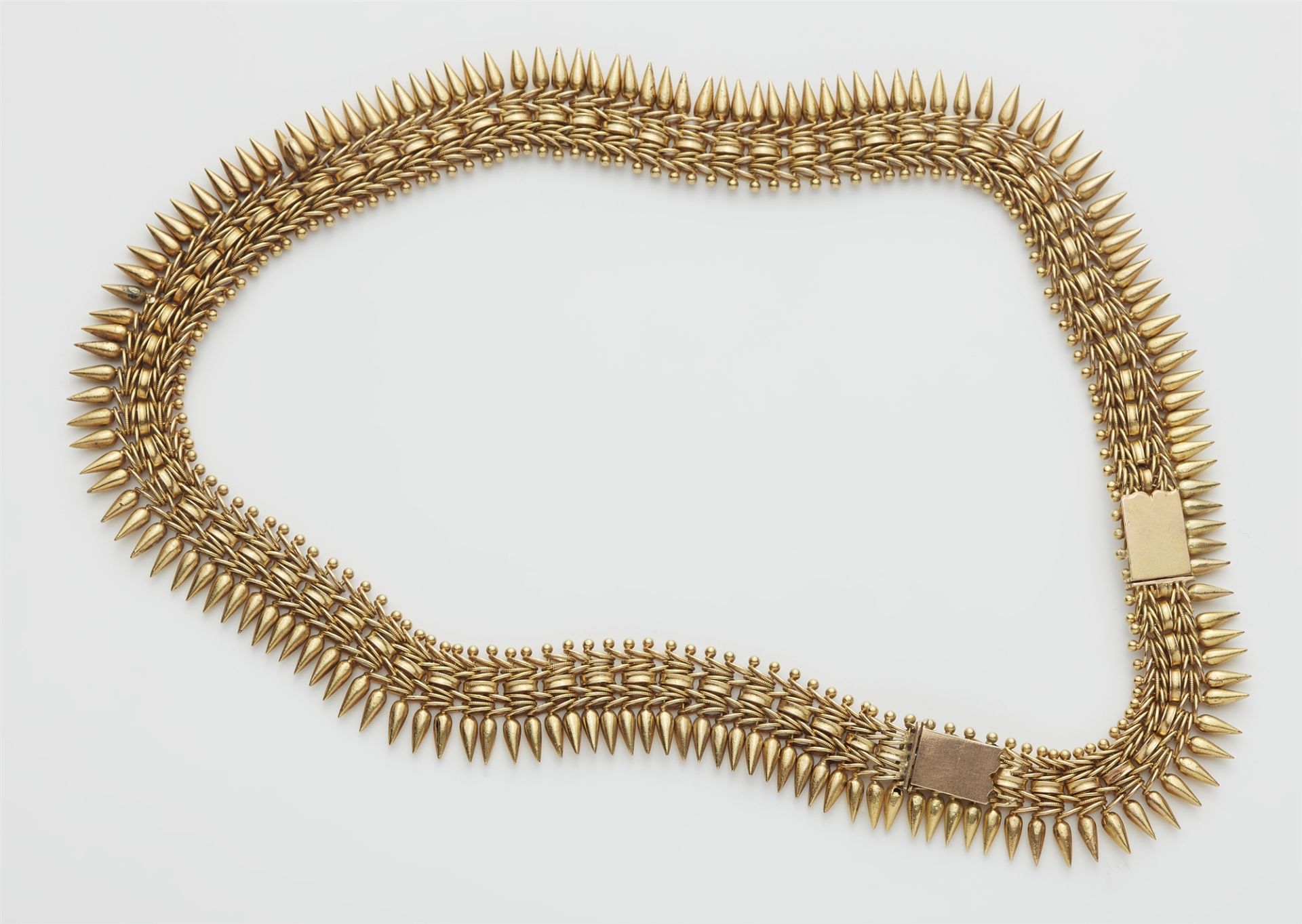 A gold plated copper Neo Etruscan fringe necklace. - Image 2 of 2