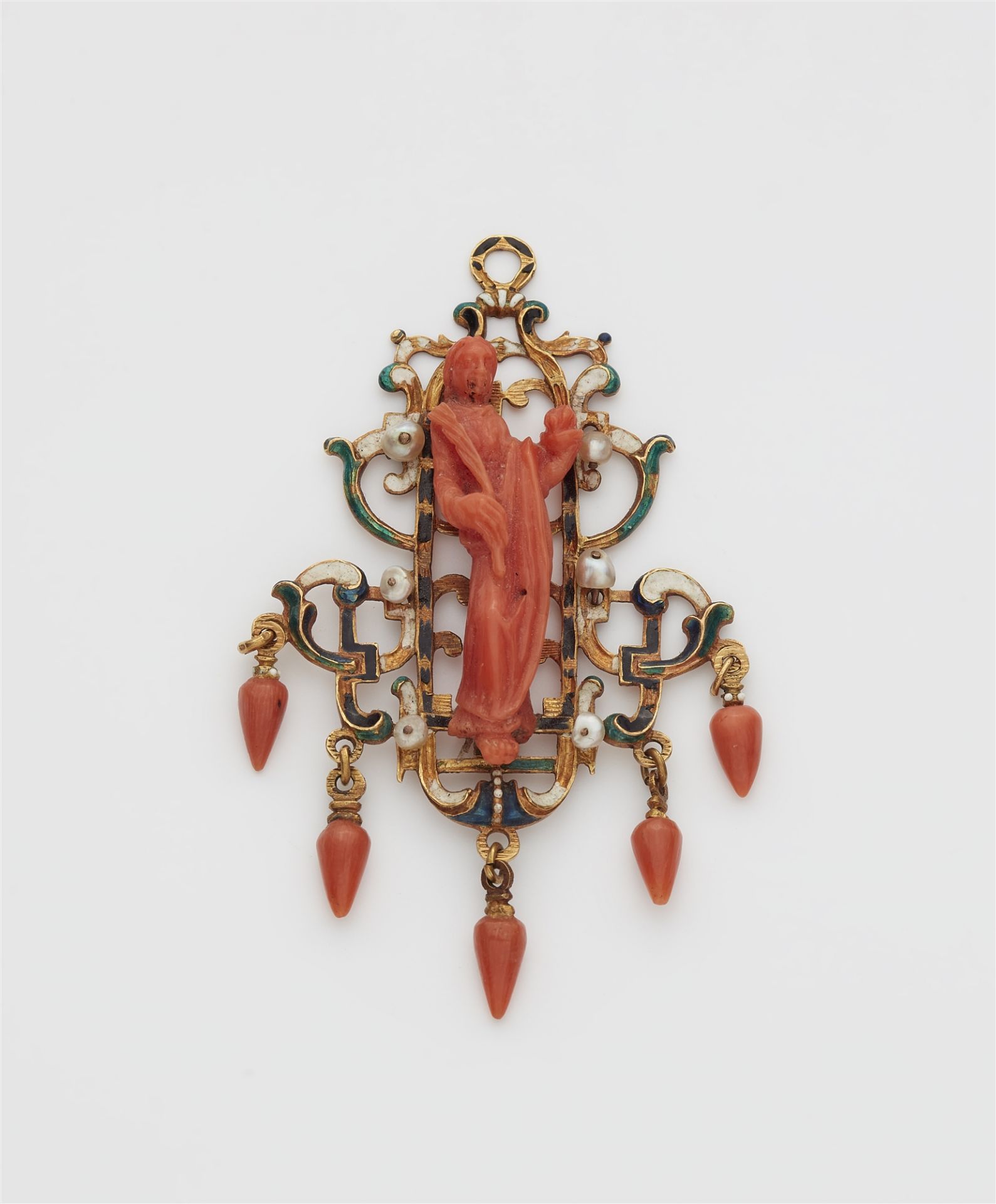 A Sicilian gold, enamel, pearl and carved coral devotional pendant.
