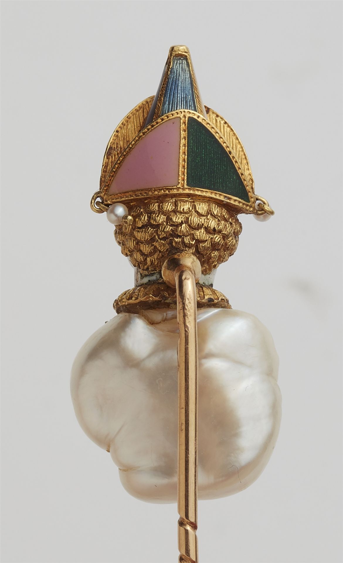 A French 18k gold enamel and baroque blister pearl pin. - Image 2 of 6