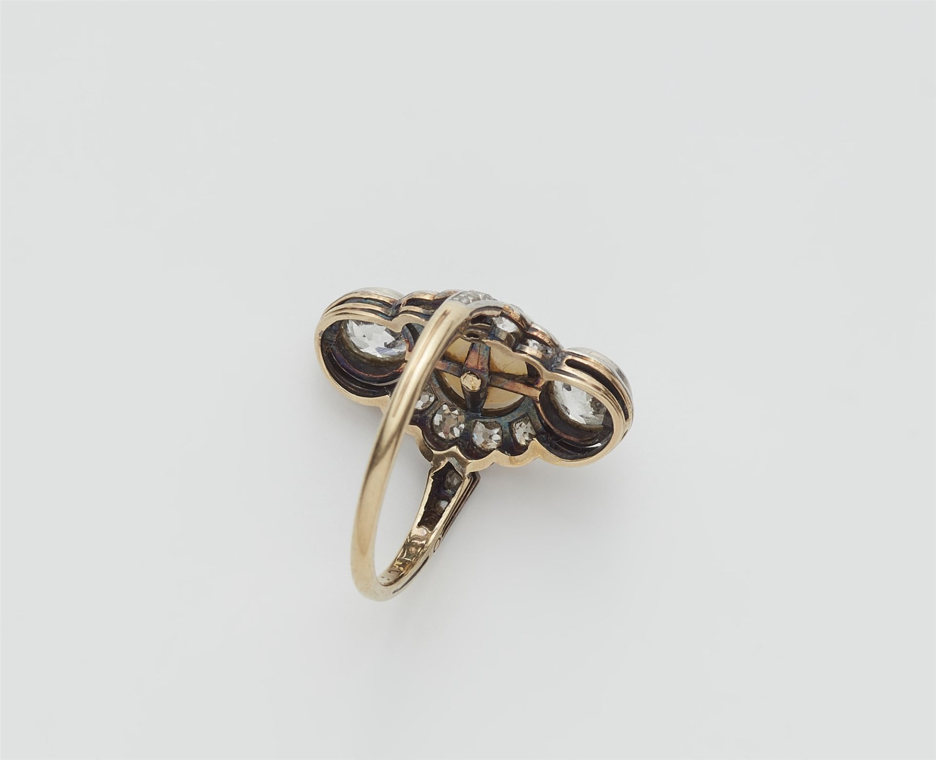 A platinum 14k gold diamond and natural pearl Belle Epoque ring. - Image 2 of 3