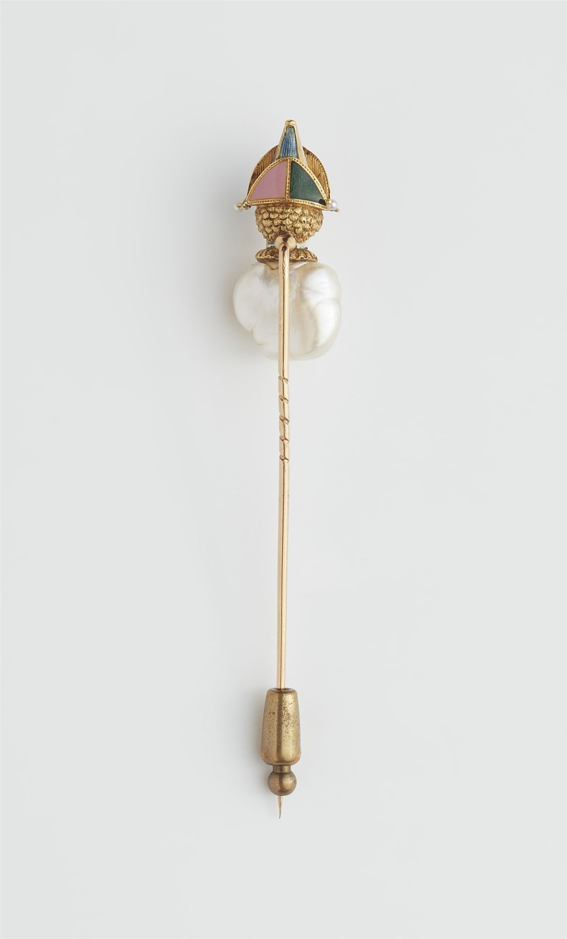 A French 18k gold enamel and baroque blister pearl pin. - Image 6 of 6