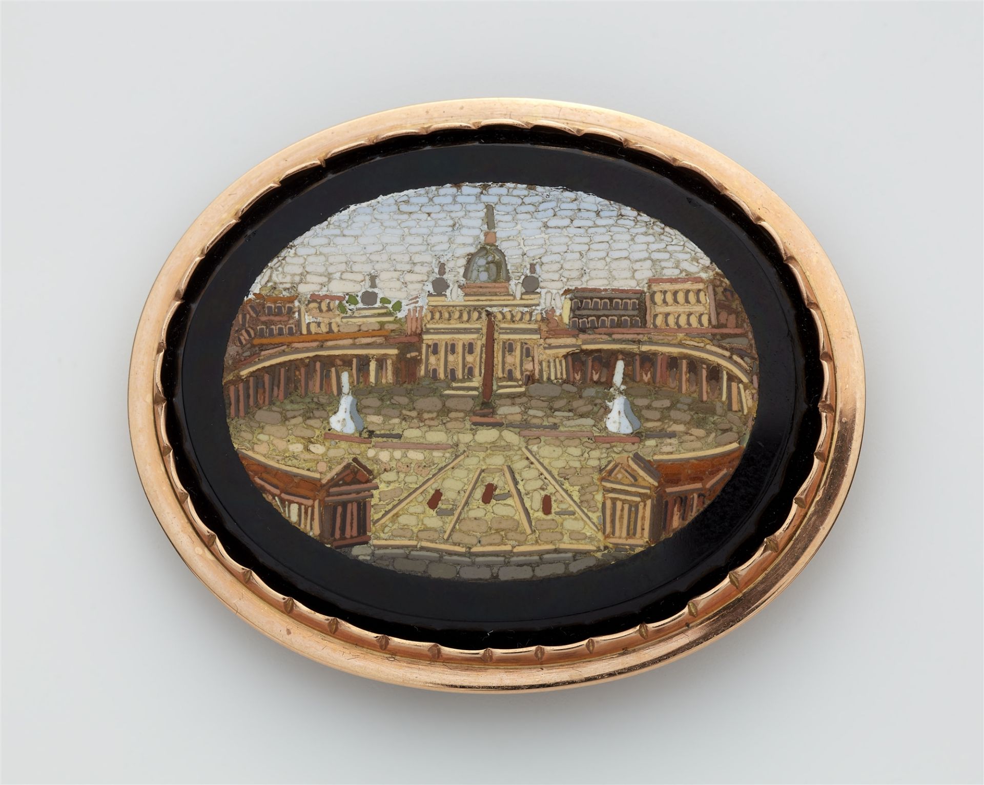 A 14k gold and Roman micromosaic brooch depicting the St. Peters Square in Rome. - Image 2 of 3
