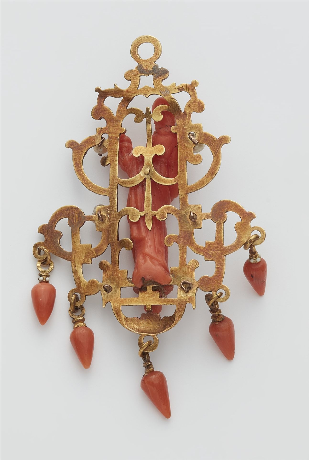 A Sicilian gold, enamel, pearl and carved coral devotional pendant. - Image 2 of 2