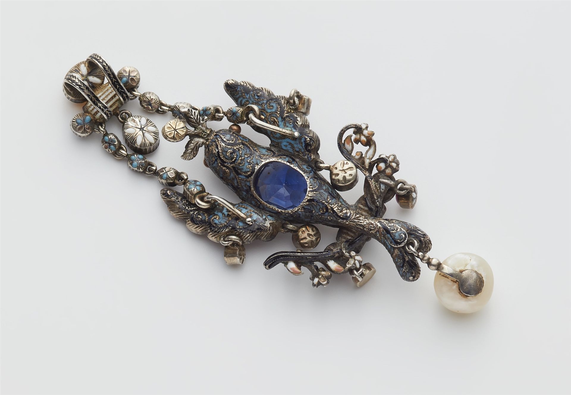 A silver enamel various gemstone and Ceylon sapphire Renaissance style pendant depicting a bird of p - Image 3 of 3