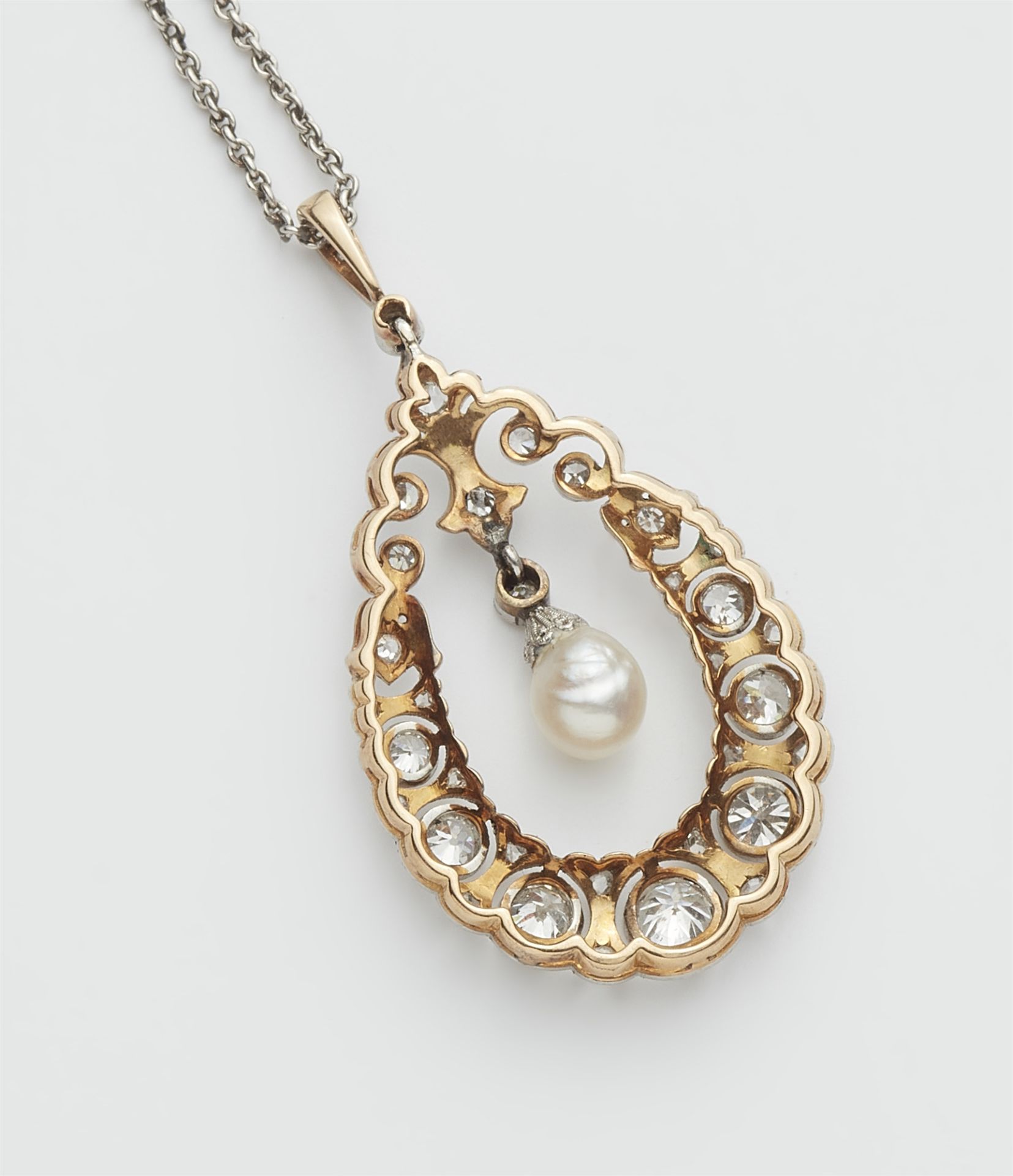 A platinum 14k gold diamond and natural pearl drop Belle Epoque pendant with a platinum chain. - Image 2 of 3